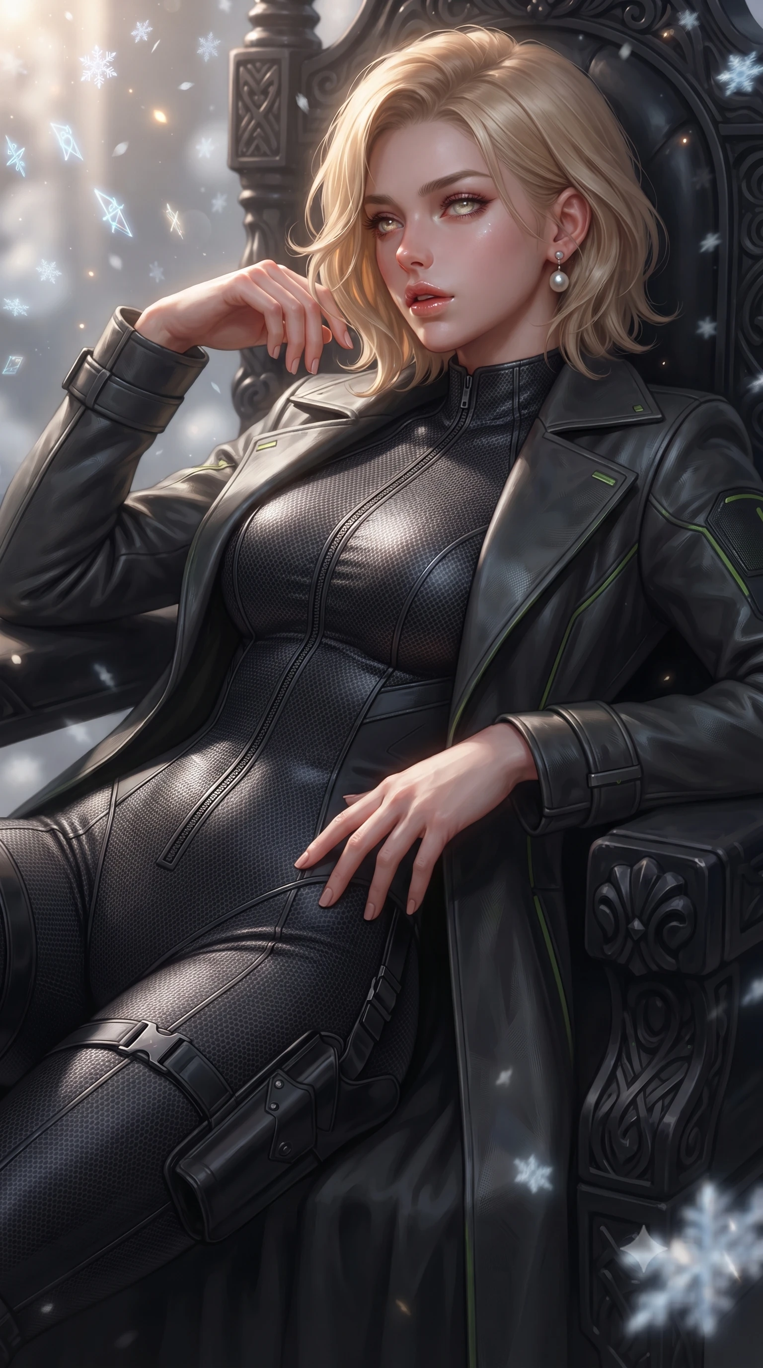score_9, masterpiece, best quality, ultra-detailed, high-budget anime keyframe, editorial fashion photography, tasteful artistic composition, Caucasian woman. close-up cowboy shot from the waist and thighs up, the character dominates the composition, filling the frame with her large presence. resting one manicured hand delicately on her hip bone, her upper body turning in a fluid, seductive S-curve while parted lips glisten in the light while reclining on a carved obsidian throne propped on one elbow, eyes glowing with supernatural magnetism as she glances past the camera. The composition keeps background elements in soft focus with creamy bokeh. drifting frost crystal flakes and holographic rune glyphs scattering radiant celestial light motes. She has an exceptionally elegant, slender, and willowy female figure with an ultra-slim waist, a gracefully sculpted slender torso, toned flat midriff, and rounded feminine hips creating an alluring hourglass silhouette. sharp v-shaped jawline, high-bridge nose, intricate jewel-like eyes with depth, thick eyelashes, glossy parted lips with a natural sheen, intensely captivating and seductive bedroom-eyes expression, flawlessly proportioned anatomical accuracy, strict slender model proportions, natural body alignment, perfectly sculpted long slender limbs, ultra-slim waistline, clean dynamic posture without body distortion. wearing a second-skin dark carbon-weave infiltration catsuit paired with a tailored long leather trench coat in dark carbon grey and laser green accents, made of breathable technical athletic mesh and liquid-finish track nylon, accessorized with a sleek concealed garter holster and pearl ear transmitter, the liquid-tight tailored fabric clinging flawlessly to her narrow waist and rounded feminine hips, emphasizing every millimeter of her sculpted hourglass curves during movement. surrounded by an indomitable, lethal, and breathtakingly majestic cyber-valkyrie goddess aura. ultra-reflective glossy finish, specular highlights, rich textural contrasts, high-contrast stereoscopic depth, volumetric dynamic lighting, 2k, ultra detail, master piece, 9:16 ratio