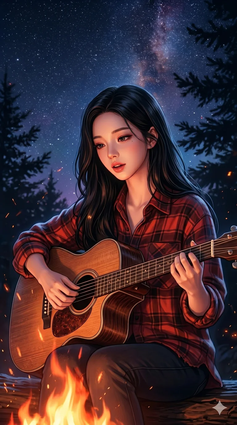 score_9, score_8_up, score_7_up, source_anime, masterpiece, best quality, ultra-detailed, same character with long flowing black hair, wearing a red plaid flannel shirt, upper body close-up from thigh up filling the screen, playing an acoustic guitar and singing softly, campfire setting, starry night sky, warm firelight illuminating her face, 2k, 9:16 ratio