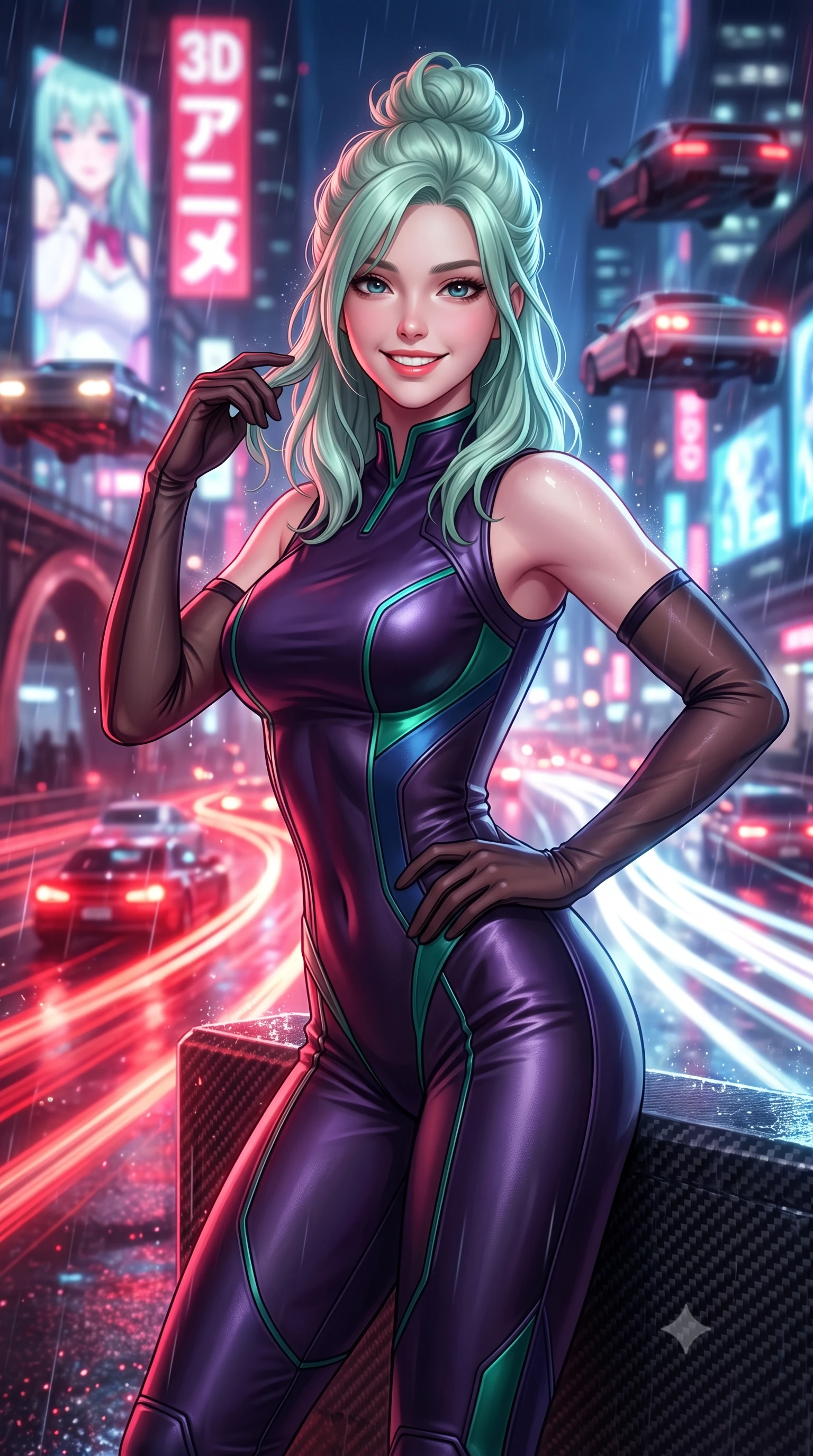 score_9, masterpiece, best quality, ultra-detailed, high-budget anime keyframe, semi-realistic 3D game render, editorial fashion photography, tasteful artistic composition, Japanese woman. close-up cowboy shot from the waist and thighs up, the character dominates the composition, filling the frame with her large presence. twisting her slender torso in an alluring contrapposto stance, one hand resting on her sculpted hip while her fingers toy with her hair with effortless poise while leaning against the carbon-fiber tactical sniper barricade with hips cocked back, looking through rain-streaked holographic reticles at the neon cityscape with smoldering bedroom-eyes. The background shows a soft-focus streaks of multi-tiered flying car headlights, massive 3D anime holographic billboards, and rain-slicked highway arches blurred into ruby, white, and electric blue bokeh. She has an exceptionally elegant, slender, and willowy female figure with an ultra-slim waist, flat toned midriff, narrow ribcage, and sculpted feminine hips creating an alluring, slim hourglass silhouette without bulk. sharp v-shaped jawline, high-bridge nose, intricate jewel-like sparkling eyes with depth, thick eyelashes, glossy parted lips with a natural peach sheen, bright cheerful beaming smile with an enchanting and coquettish sensual glint, exuding both youthful cute charm and seductive allure, flawlessly proportioned anatomical accuracy, strict slender model proportions, natural body alignment, perfectly sculpted long slender limbs, ultra-slim waistline, clean dynamic posture without body distortion. wearing a form-fitting orbital flight command jumpsuit in dark purple liquid satin with a high collar, contouring tightly to her narrow waist and feminine hips in bioluminescent emerald and abyssal sapphire, woven from buttery-soft stretch lambskin leather adhering to her body like a second skin, complemented by sheer opera-length evening gloves tracing her slender arms, the glove-like clinging cut tightly following the natural contour of her hips and long slender legs with youthful 8.5-heads elegance. bathed in the continuous dynamic red-and-white illumination of flowing vehicle light trails mixed with neon billboard glow. highly saturated vibrant anime colors, detailed shading with soft gradients, rich glossy textures, high-contrast stereoscopic depth, volumetric dynamic lighting, master piece, 9:16 ratio