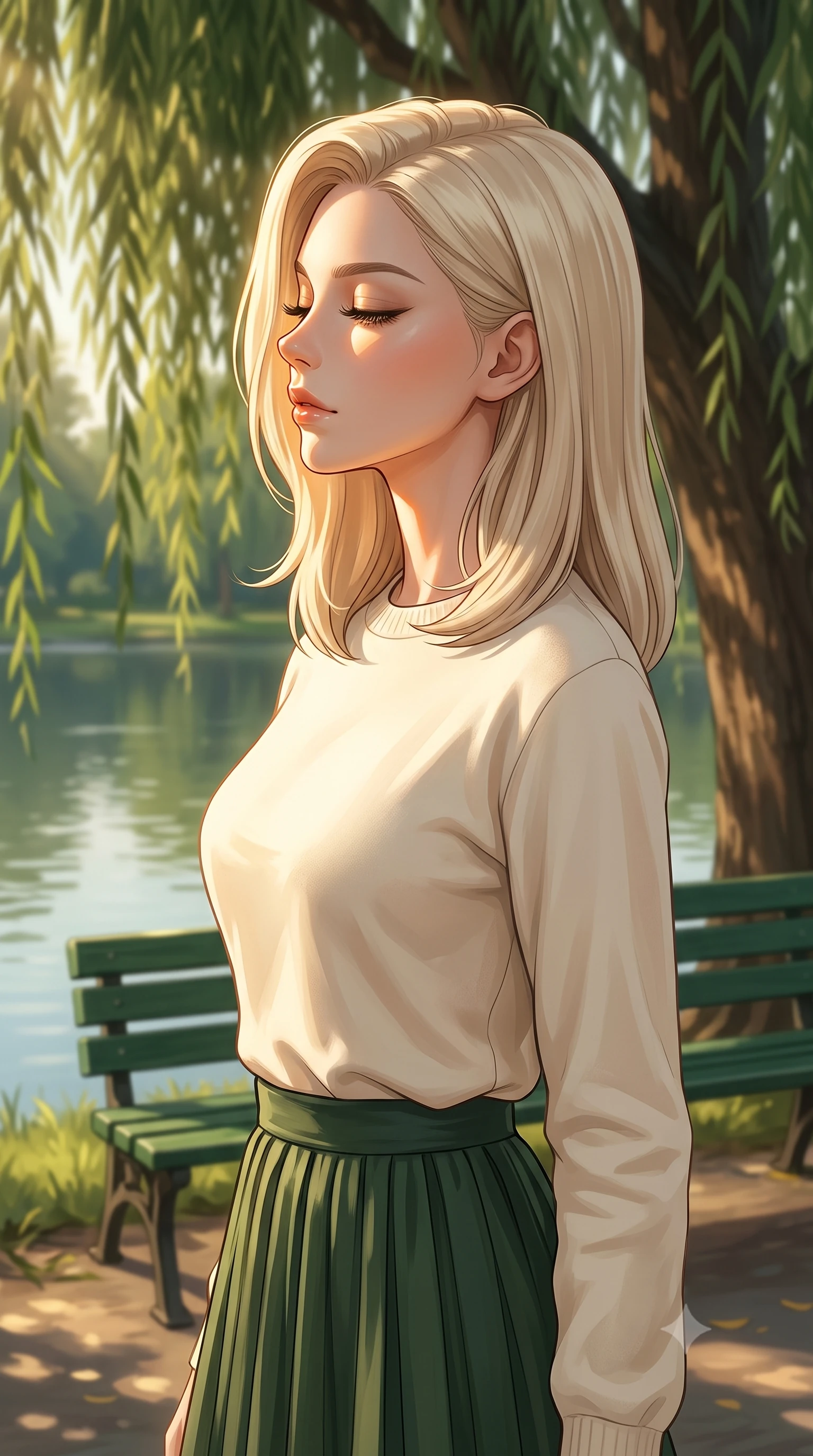 score_9, masterpiece, best quality, ultra-detailed, high-budget anime keyframe, editorial fashion photography, tasteful artistic composition, Caucasian woman woman. close-up cowboy shot from the waist and thighs up, the character dominates the composition, filling the frame with her large presence, background elements kept in soft focus. turning her face in profile to catch the warm sunlight on her cheek, eyes softly closed the background shows a soft-focus a green park bench under a large weeping willow tree near a calm lake. She has an exceptionally elegant, slender, and willowy female figure with an ultra-slim waist, a gracefully sculpted slender torso, and a refined silhouette. sharp v-shaped jawline, high-bridge nose, intricate jewel-like eyes with depth, thick eyelashes, glossy lips with a natural sheen. wearing a tailored comfortable cotton crewneck sweater in cream, paired with a pleated dark green midi skirt. dappled sunbeams filtering through the willow leaves onto the grass. 2k, ultra detail, master piece, 9:16 ratio