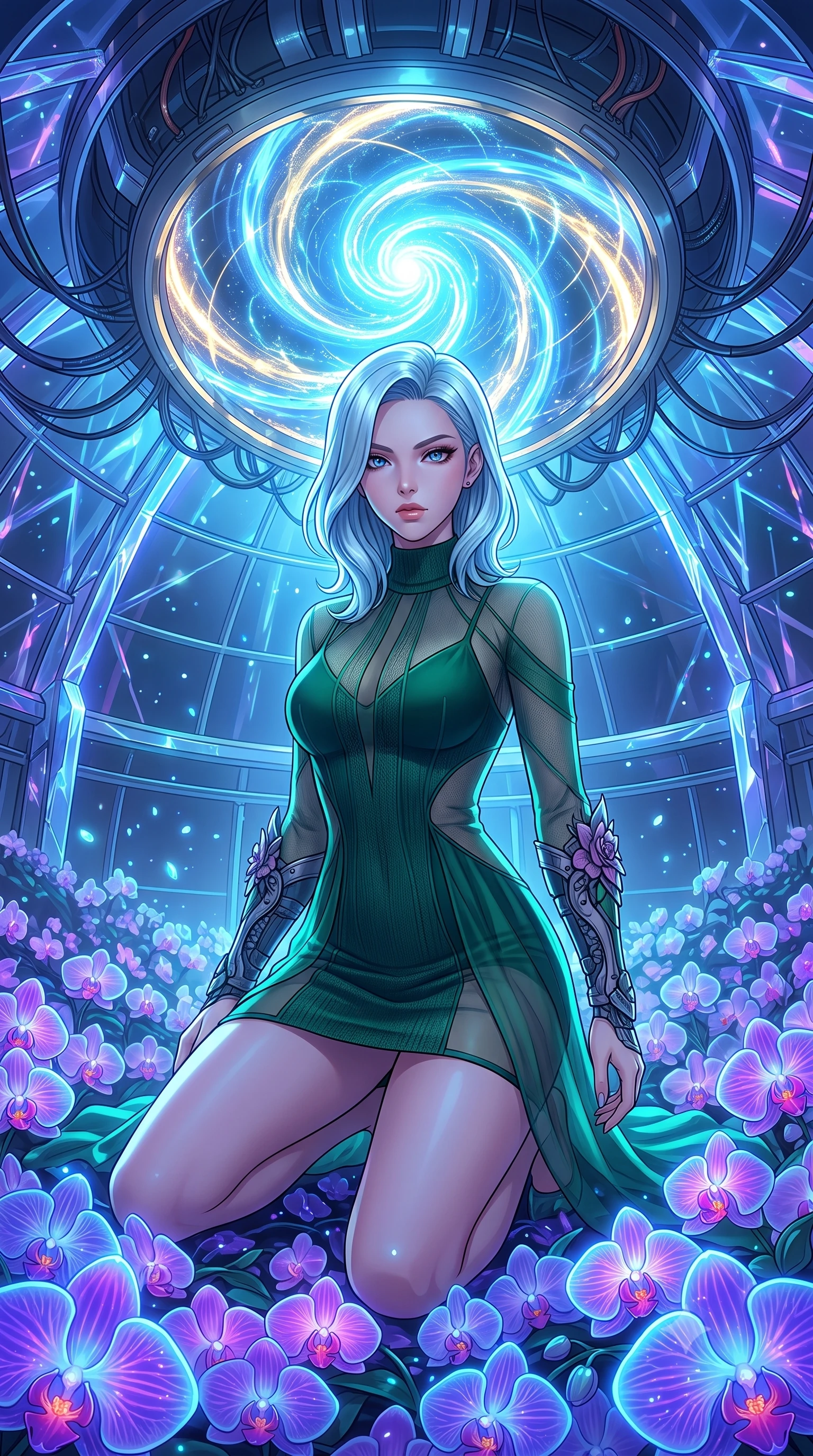 score_9, masterpiece, best quality, ultra-detailed, High-budget Anime Keyframe, East Asian woman. Low angle cowboy shot filling the entire 9:16 frame with her statuesque presence. Scenario 434: kneeling on a soft bed of glowing neon orchids under a secret bio-dome containing a giant glowing fusion reactor. Her presence is magnetic and overpowering in this high-budget anime scene. Outfit 434: a body-hugging emerald green bodycon knit mini dress featuring layered translucent panels over a sleek slip dress. The clothing is designed to emphasize her exceptionally tall and slender 8-heads proportion. 8-heads proportion, towering silhouette, ultra-slim waist. sharp v-shaped jawline, intricate jewel-like eyes with depth, thick eyelashes, glossy lips. 2k, ultra detail, master piece, 9:16 ratio
