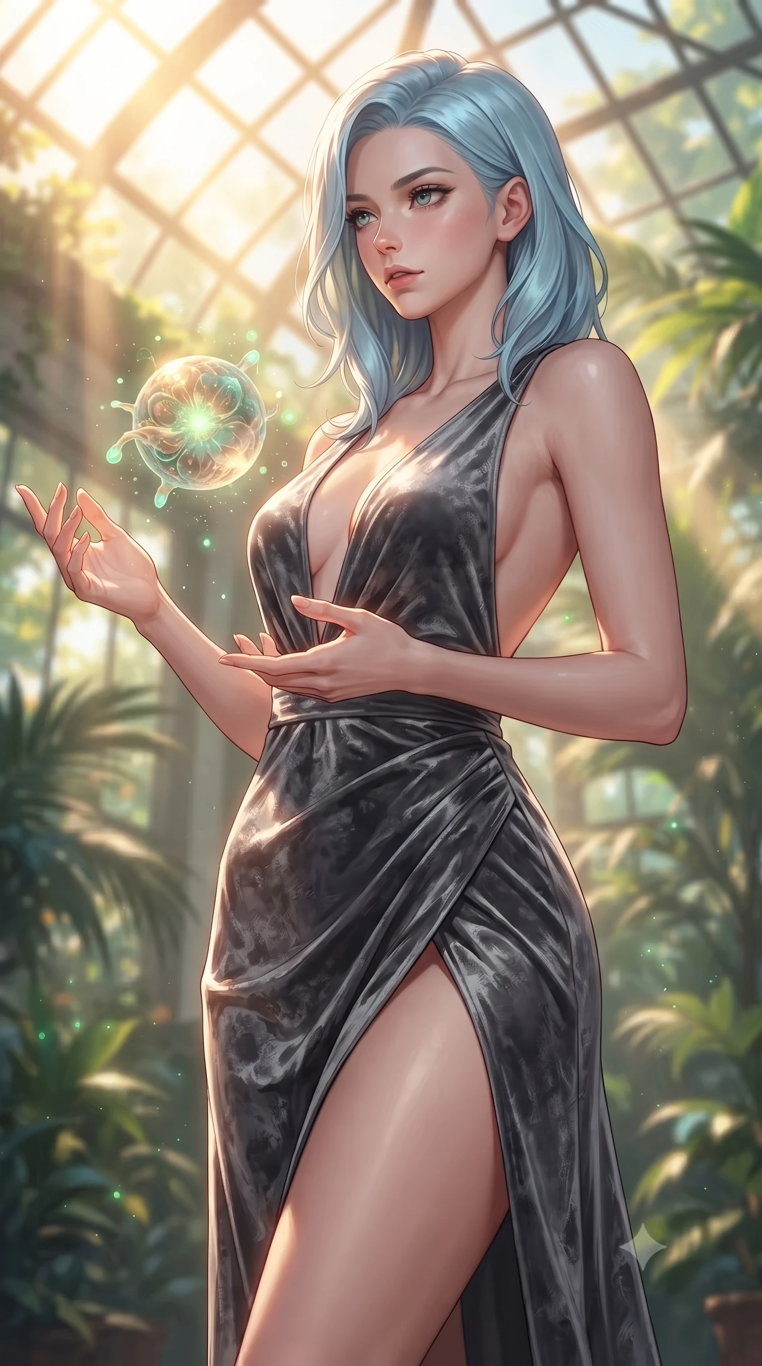 score_9, masterpiece, best quality, ultra-detailed, high-budget anime keyframe, editorial fashion photography, tasteful artistic composition, Korean woman. close-up cowboy shot from the waist and thighs up, the character dominates the composition, filling the frame with her large presence, background elements kept in soft focus. Gazing past the camera with an air of effortless elegance and mysterious confidence interacting with a floating biomorphic pollen orb in a sunlit sanctuary, intense volumetric sunbeams filtering through the glass ceiling. She has an exceptionally elegant, slender, and willowy female figure with an ultra-slim waist, a gracefully sculpted slender torso, and a refined silhouette. sharp v-shaped jawline, high-bridge nose, intricate jewel-like eyes with depth, thick eyelashes, glossy lips with a natural sheen. wearing a backless crushed velvet gown with a deep V-neckline and high thigh slit in charcoal grey and platinum, crafted from lustrous satin jersey with fluid draping, accented with a Tasteful chest slit framing her clavicle gracefully, the form-contouring material highlighting her ultra-slim waist and long lines. bathed in warm golden sunlight and soft emerald bioluminescent glow. highly saturated vibrant anime colors, detailed shading with soft gradients, rich glossy textures, high-contrast stereoscopic depth, volumetric dynamic lighting, master piece, 9:16 ratio