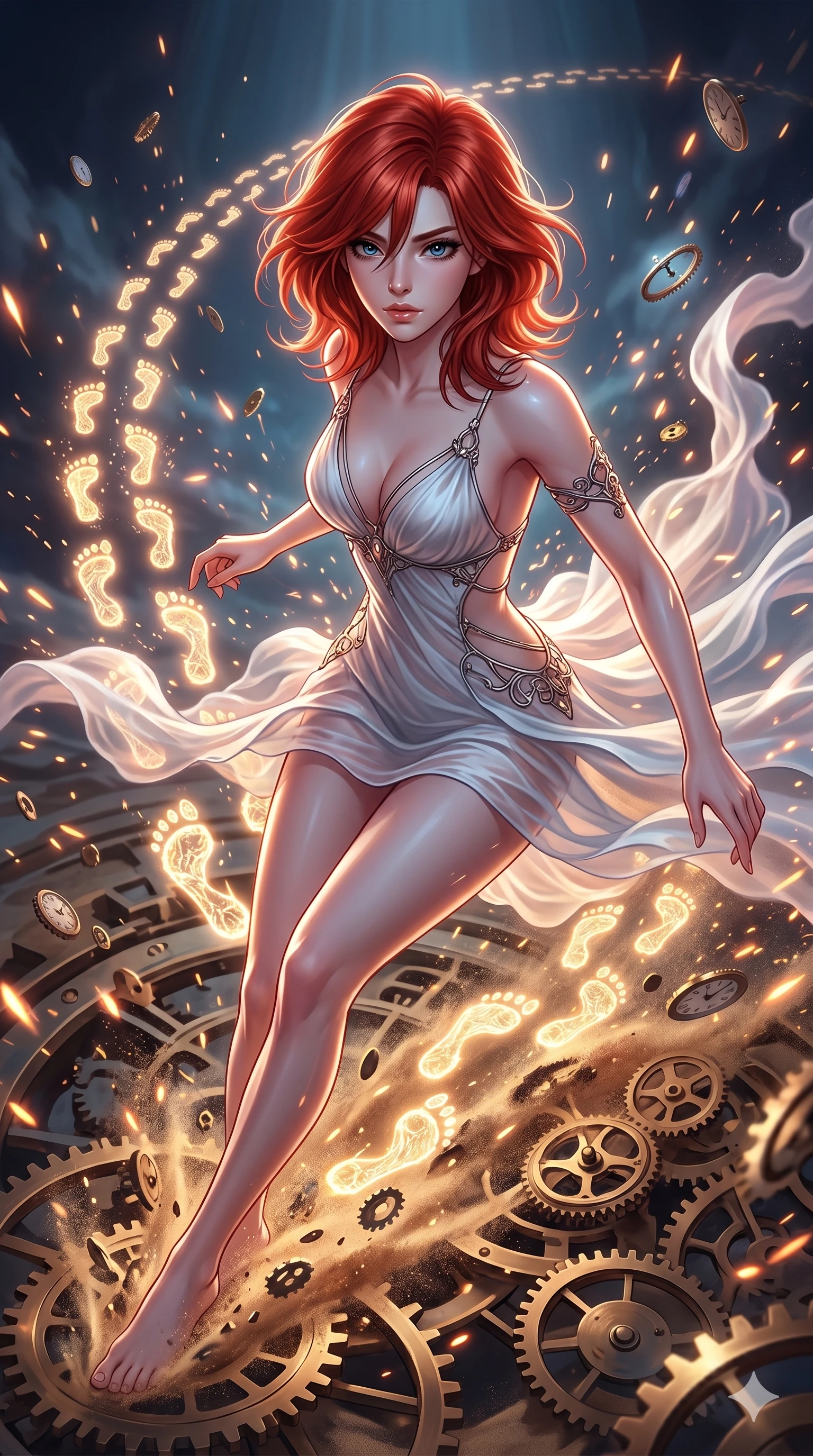 score_9, masterpiece, best quality, ultra-detailed, Set A: High-budget Anime Keyframe, Korean woman. Upper body close-up from the thighs up, character filling the screen for maximum presence. Sliding through a clockwork desert, as she leaves a trail of 248 glowing footprints and surrounded by glowing energy sparks. She has an absolutely perfect 8-heads proportion, an exceptionally tall and slender female figure with impossibly long slender legs and an ultra-slim waist. Sharp v-shaped jawline, high-bridge nose, intricate jewel-like eyes with depth, thick eyelashes, glossy lips with a natural sheen. Wearing Avant-garde paper-thin silk dress that floats like smoke, with metallic straps. Cinematic lighting, vibrant colors, dramatic shadows, 2k, ultra detail, master piece, 9:16 ratio