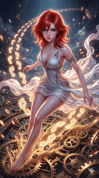 score_9, masterpiece, best quality, ultra-detailed, Set A: High-budget Anime Keyframe, Korean woman. Upper body close-up from the thighs up, character filling the screen for maximum presence. Sliding through a clockwork desert, as she leaves a trail 