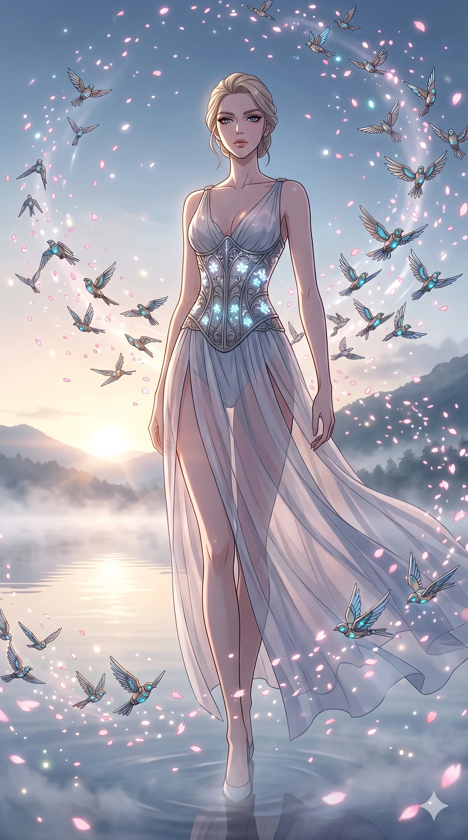 score_9, masterpiece, best quality, ultra-detailed, Set A: High-budget Anime Keyframe, Caucasian (strictly human ears) woman. Low angle cowboy shot filling the entire 9:16 frame with her statuesque presence. Standing victoriously through a misty lakeside at dawn, surrounded by a whirlwind of 62 mechanical birds and surrounded by digital sakura petals. She has an absolutely perfect 8-heads proportion, an exceptionally tall and slender female figure with impossibly long slender legs and an ultra-slim waist. Sharp v-shaped jawline, high-bridge nose, intricate jewel-like eyes with depth, thick eyelashes, glossy lips with a natural sheen. Wearing Sheer chiffon gown with a metallic corset and bioluminescent floral patterns. Cinematic lighting, vibrant colors, dramatic shadows, 2k, ultra detail, master piece, 9:16 ratio