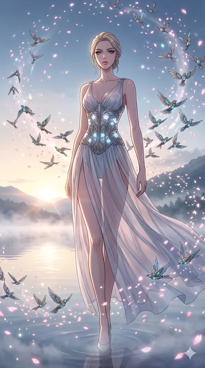 score_9, masterpiece, best quality, ultra-detailed, Set A: High-budget Anime Keyframe, Caucasian (strictly human ears) woman. Low angle cowboy shot filling the entire 9:16 frame with her statuesque presence. Standing victoriously through a misty lake