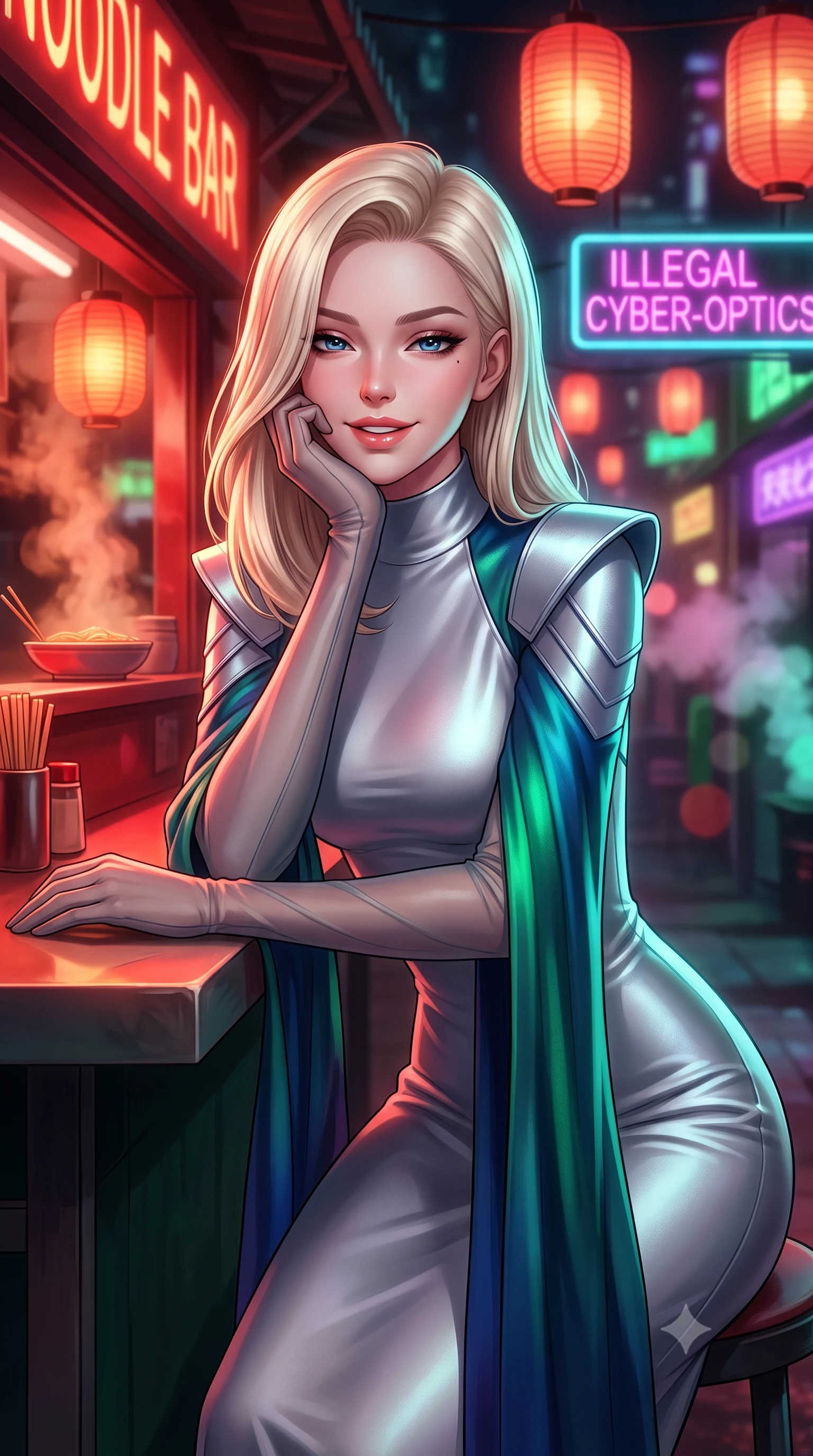 score_9, masterpiece, best quality, ultra-detailed, high-budget anime keyframe, semi-realistic 3D game render, editorial fashion photography, tasteful artistic composition, Caucasian woman. close-up cowboy shot from the waist and thighs up, the character dominates the composition, filling the frame with her large presence. resting one elbow on the table and supporting her chin, leaning close to the camera with heavy-lidded sparkling eyes and parted lips while twisting her slender torso in an alluring S-curve beside the red-lit noodle bar counter, neon reflections and warm steam tracing her flat midriff and hips. The background shows a soft-focus glowing neon signs for illegal cyber-optics, paper lanterns retrofitted with LEDs, and dense steam vents blurred into ruby, emerald, and violet bokeh. She has an exceptionally elegant, slender, and willowy female figure with an ultra-slim waist, flat toned midriff, narrow ribcage, and sculpted feminine hips creating an alluring, slim hourglass silhouette without bulk. sharp v-shaped jawline, high-bridge nose, intricate jewel-like sparkling eyes with depth, thick eyelashes, glossy parted lips with a natural peach sheen, bright cheerful beaming smile with an enchanting and coquettish sensual glint, exuding both youthful cute charm and seductive allure, flawlessly proportioned anatomical accuracy, strict slender model proportions, natural body alignment, perfectly sculpted long slender limbs, ultra-slim waistline, clean dynamic posture without body distortion. wearing an elegant high-neck diplomatic sci-fi gown made of bioluminescent silver silk with structured geometric shoulder plates and long flowing sleeves in bioluminescent emerald and abyssal sapphire, crafted from bespoke double-faced cashmere with an exceptionally soft tactile finish, complemented by sheer opera-length evening gloves tracing her slender arms, the bespoke structured tailoring following the natural line of her 8.5-heads silhouette with refined elegance. bathed in warm 2200K crimson lantern light combined with vibrant green and ultraviolet market stall tube lights. highly saturated vibrant anime colors, detailed shading with soft gradients, rich glossy textures, high-contrast stereoscopic depth, volumetric dynamic lighting, master piece, 9:16 ratio