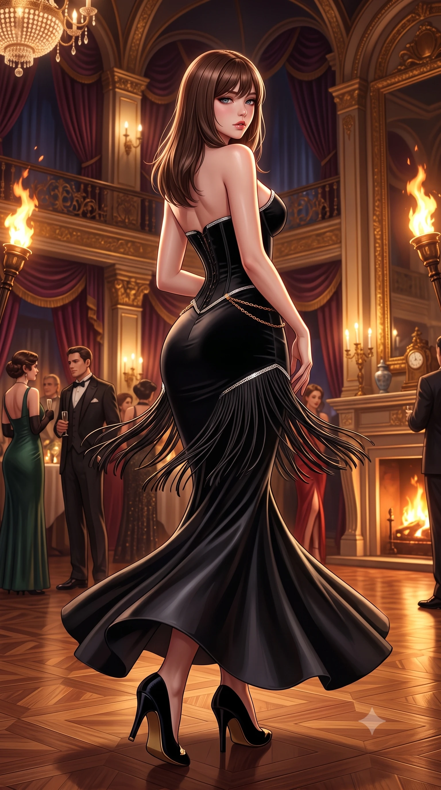 score_9, masterpiece, best quality, ultra-detailed, high-budget anime keyframe, semi-realistic 3D game render, editorial fashion photography, tasteful artistic composition, Korean woman. low angle full-body shot from head to toe showing her feet, filling the entire 9:16 vertical frame with her statuesque presence, stretching her vertical silhouette. posing with back turned slightly to the lens, glancing back with smoldering allure as she arches her lower back to emphasize her sculpted feminine hips and slender waist while twirling dynamically on the polished parquet dance floor, fringes of her dress fluttering around her curvy hips. The surrounding environment is rendered in vivid detail and crisp panoramic clarity. luxurious vintage chiaroscuro and glamorous Great Gatsby nightlife aesthetics rendered with precision. She has an absolutely perfect, statuesque 8.5-heads proportion, an exceptionally tall and slender model-like female figure with impossibly long slender legs, a toned flat midriff, an ultra-slim waist, and beautifully sculpted feminine hips. sharp v-shaped jawline, high-bridge nose, intricate jewel-like eyes with depth, thick eyelashes, glossy parted lips with a natural sheen, intensely captivating and seductive bedroom-eyes expression, flawlessly proportioned anatomical accuracy, strict slender model proportions, natural body alignment, perfectly sculpted long slender limbs, ultra-slim waistline, clean dynamic posture without body distortion. wearing a sculptured liquid-satin mermaid gown with a boned corset bodice and body-hugging hip hug in pitch black velvet with glittering diamond trim, tailored from fluid silk crepe with delicate inner corsetry boning, accented with a delicate gold chain belt resting loosely on her curvy hips, the liquid-tight tailored fabric clinging flawlessly to her narrow waist and rounded feminine hips, emphasizing every millimeter of her sculpted hourglass curves during movement. illuminated by rich directional firelight sculpting every feminine curve of her slender silhouette. highly saturated vibrant anime colors, detailed shading with soft gradients, rich glossy textures, high-contrast stereoscopic depth, volumetric dynamic lighting, master piece, 9:16 ratio