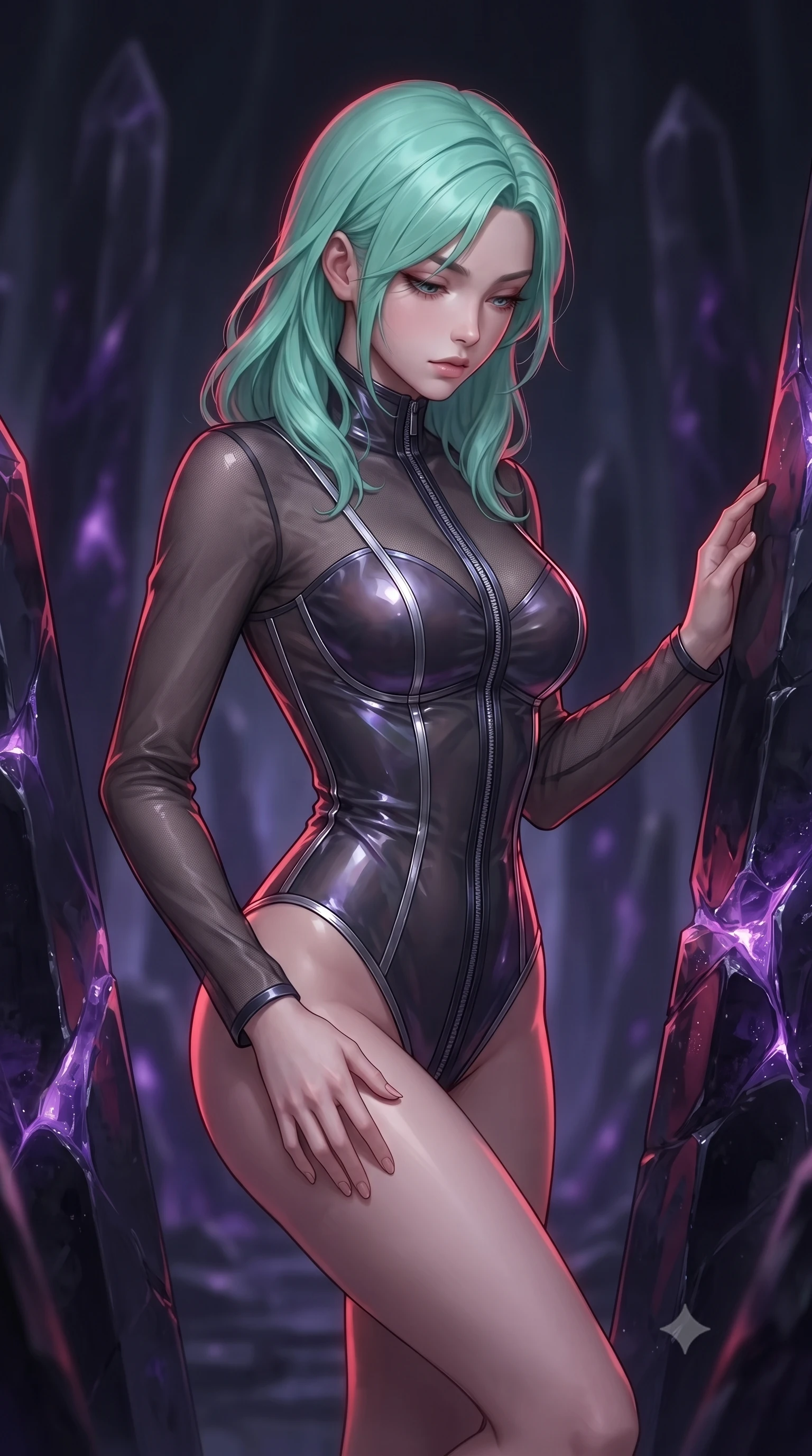 score_9, masterpiece, best quality, ultra-detailed, high-budget anime keyframe, editorial fashion photography, tasteful artistic composition, Japanese woman. close-up cowboy shot from the waist and thighs up, the character dominates the composition, filling the frame with her large presence, background elements kept in soft focus. Looking down with lowered lashes and a composed, powerful dark aura, navigating an obsidian needle monolith chamber illuminated by dark violet crystal veins, glowing amethyst veins in the obsidian walls casting an eerie inner glow. She has an exceptionally elegant, slender, and willowy female figure with an ultra-slim waist, a gracefully sculpted slender torso, and a refined silhouette. sharp v-shaped jawline, high-bridge nose, intricate jewel-like eyes with depth, thick eyelashes, glossy lips with a natural sheen. wearing translucent liquid acrylic splash bodysuit with semi-opaque dark mesh in dark charcoal gray, made of iridescent dark violet taffeta, finished with metallic silver boning and sleek zipper points, the fitted fabric emphasizing her ultra-slim waist. surrounded by moody midnight shadows with sharp crimson rim light tracing her silhouette. ultra-reflective glossy finish, specular highlights, metallic sheen, high-contrast stereoscopic depth, volumetric dynamic lighting, 2k, ultra detail, master piece, 9:16 ratio
