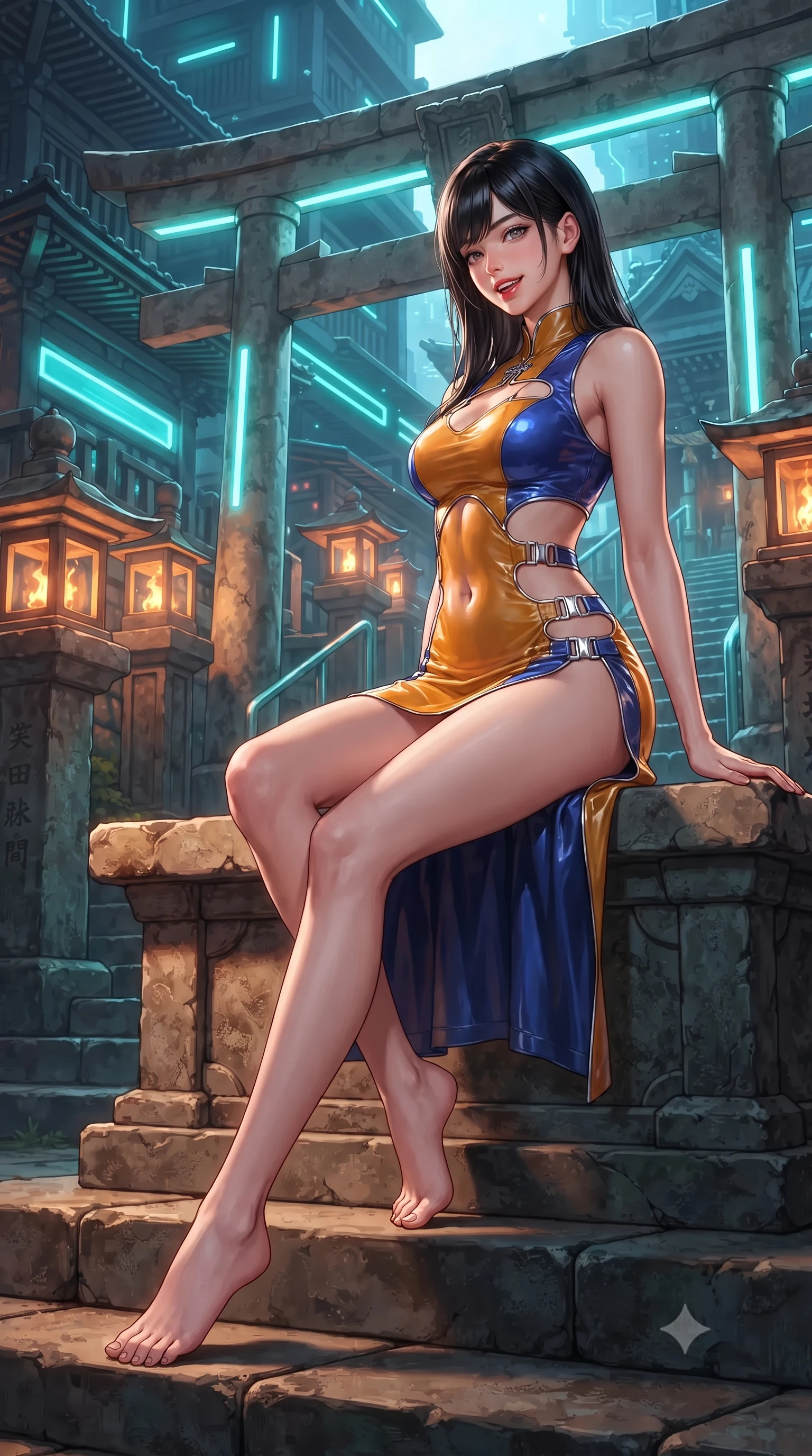 score_9, masterpiece, best quality, ultra-detailed, high-budget anime keyframe, editorial fashion photography, tasteful artistic composition, Caucasian woman. low angle full-body shot from head to toe showing her feet, filling the entire 9:16 vertical frame with her statuesque presence, stretching her vertical silhouette. executing a slow, graceful pivot turn as her skirt sways around her slender legs, glancing back with an enchanting, teasing sensual expression while sitting gracefully on the elevated stone shrine dais with legs crossed, flashing a radiant, playful smile with parted glossy lips. The surrounding environment is rendered in vivid detail and crisp panoramic clarity: detailed outfit drape, high-gloss patent sheen, and sacred futuristic temple architecture in high resolution. She has an exceptionally tall and slender model-like 8.5-heads proportion, an ultra-slim waist, a flat toned midriff, narrow delicate ribcage, and beautifully sculpted feminine hips creating a graceful, slim hourglass silhouette without any bulky heaviness, with impossibly long slender legs. sharp v-shaped jawline, high-bridge nose, intricate jewel-like sparkling eyes with depth, thick eyelashes, glossy parted lips with a natural peach sheen, bright cheerful beaming smile with an enchanting and coquettish sensual glint, exuding both youthful cute charm and seductive allure, flawlessly proportioned anatomical accuracy, strict slender model proportions, natural body alignment, perfectly sculpted long slender limbs, ultra-slim waistline, clean dynamic posture without body distortion. wearing a provocative open-waist cutout mini dress framed by polished chrome hardware and thigh-high slit in Jovian amber and electric storm cobalt, woven from buttery-soft stretch lambskin leather adhering to her body like a second skin, finished with sleek magnetic buckle closures fluttering in the breeze, the form-contouring silhouette accentuating her sculpted flat midriff, narrow delicate ribcage, and gracefully curvy hips with intoxicating allure. bathed in pulsing electric-cyan Torii neon combined with warm 2400K sacred oil lantern flames. ultra-reflective glossy finish, specular highlights, rich textural contrasts, high-contrast stereoscopic depth, volumetric dynamic lighting, 2k, ultra detail, master piece, 9:16 ratio