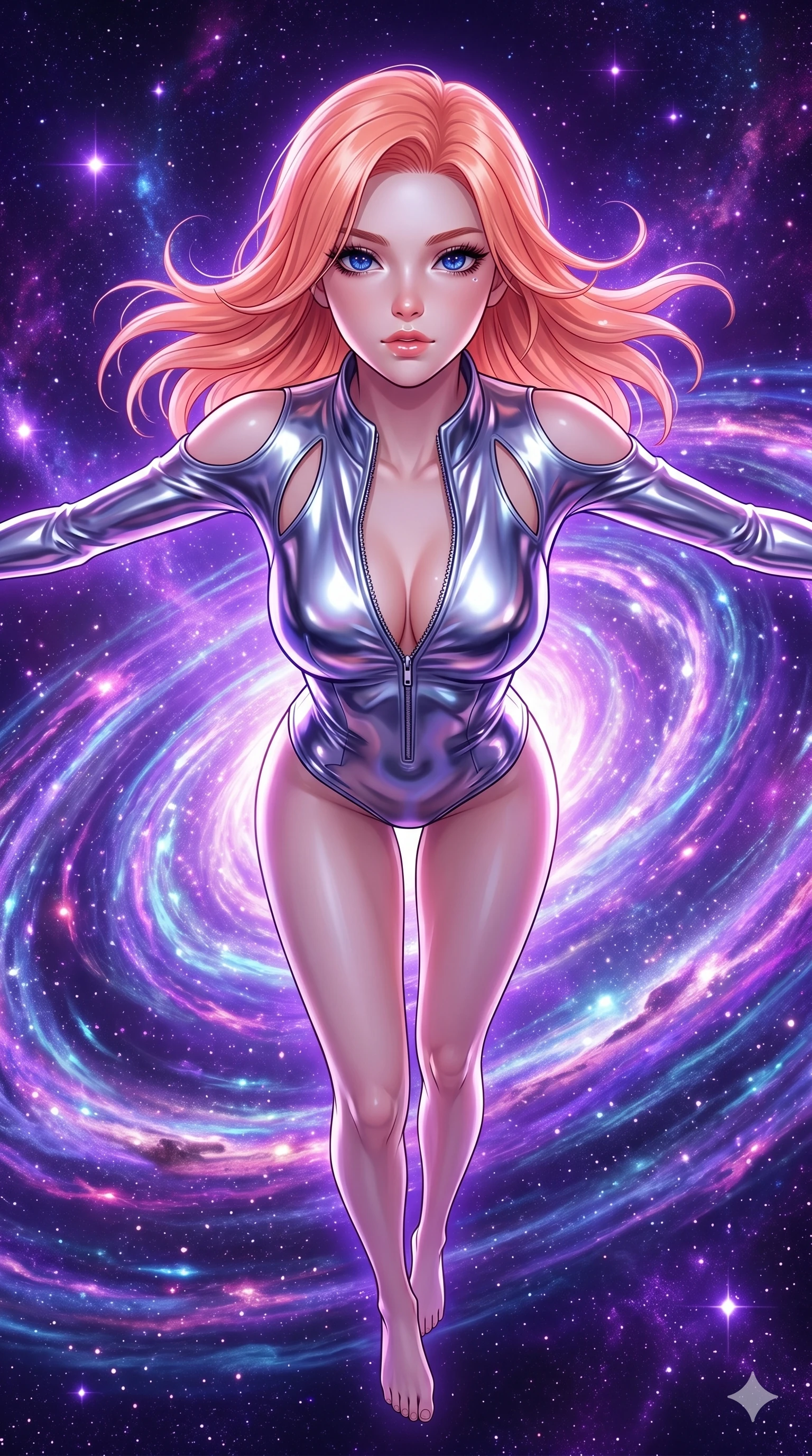 score_9, masterpiece, best quality, ultra-detailed, high-budget anime keyframe, editorial fashion photography, tasteful artistic composition, Japanese woman. Upper body close-up from the thighs up, character filling the screen for maximum presence. She is floating weightlessly inside a brilliant violet galaxy, surrounded by swirling cosmic dust rings. She spreads her arms in a graceful flying pose, looking toward the camera. She has an absolutely perfect 8-heads proportion, an exceptionally tall and slender female figure with impossibly long slender legs and an ultra-slim waist. V-shaped jawline, high-bridge nose, intricate jewel-like eyes with depth, thick eyelashes, glossy lips with a natural sheen. She is wearing a form-fitting top made of molten liquid-mercury fabric that clings to her curves, with strategic tear-drop shoulder cutouts and a dangerously unzipped front collar. The scene is bathed in brilliant purple starlight and a sharp white front key light highlighting her details. 2k, ultra detail, master piece, 9:16 ratio