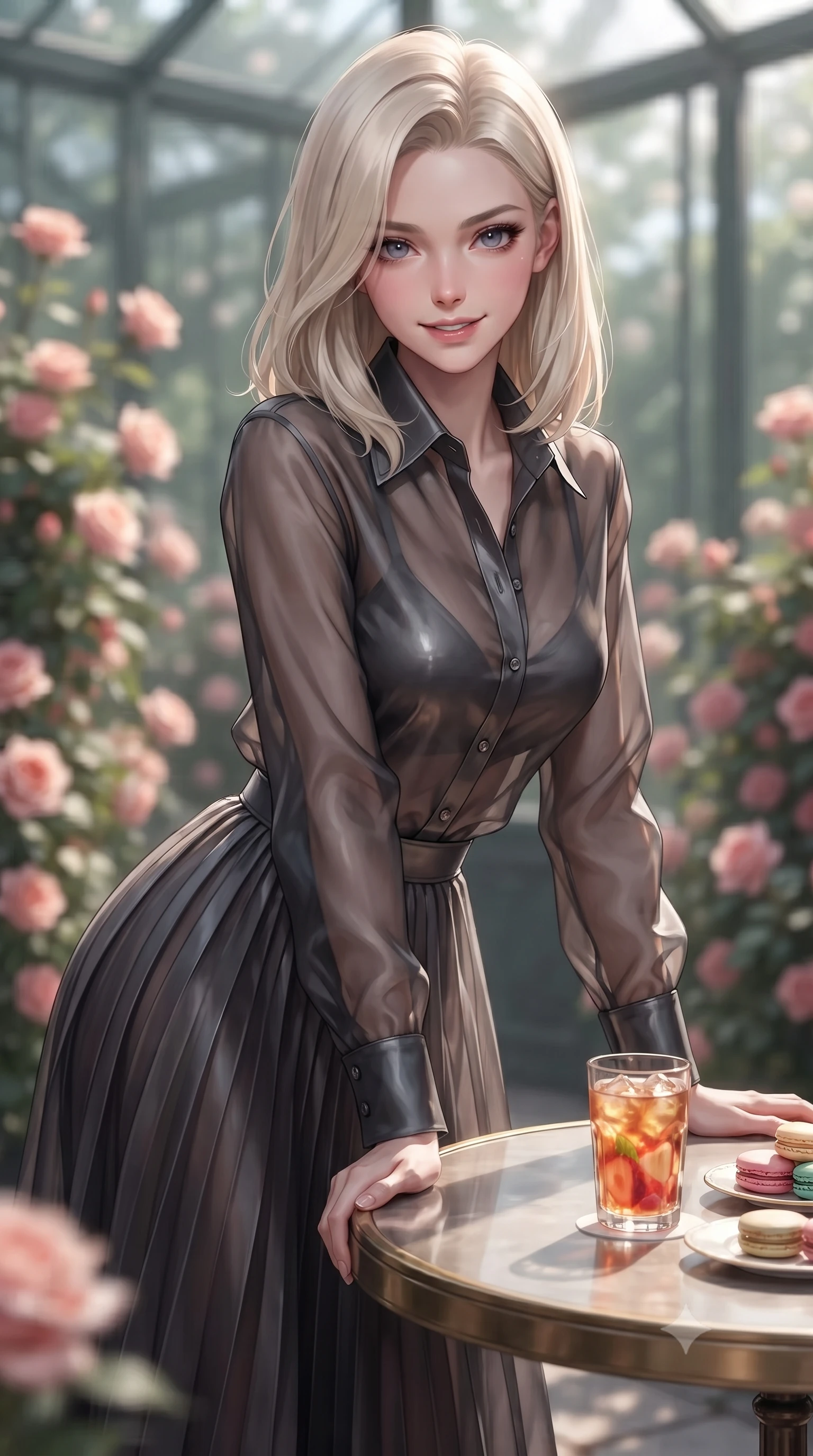 score_9, masterpiece, best quality, ultra-detailed, high-budget anime keyframe, editorial fashion photography, tasteful artistic composition, Caucasian woman. close-up cowboy shot from the waist and thighs up, the character dominates the composition, filling the frame with her large presence, background elements kept in soft focus. leaning slightly forward over the table with a playful, magnetic smile that locks direct eye contact set against a soft-focus background of inside an exclusive rose conservatory with a glass of iced fruit tea and delicate macaron pastries arranged on the table. She has an exceptionally elegant, slender, and willowy female figure with an ultra-slim waist, a gracefully sculpted slender torso, and a refined silhouette. sharp v-shaped jawline, high-bridge nose, intricate jewel-like eyes with depth, thick eyelashes, glossy lips with a natural sheen. wearing form-contouring charcoal sheer organza casual linen button-down shirt paired with a flowy pleated midi skirt featuring refined tailored seams. accented by a single dramatic key light highlighting her statuesque posture and slim waist. ultra-reflective glossy finish, specular highlights, metallic sheen, high-contrast stereoscopic depth, volumetric dynamic lighting, 2k, ultra detail, master piece, 9:16 ratio