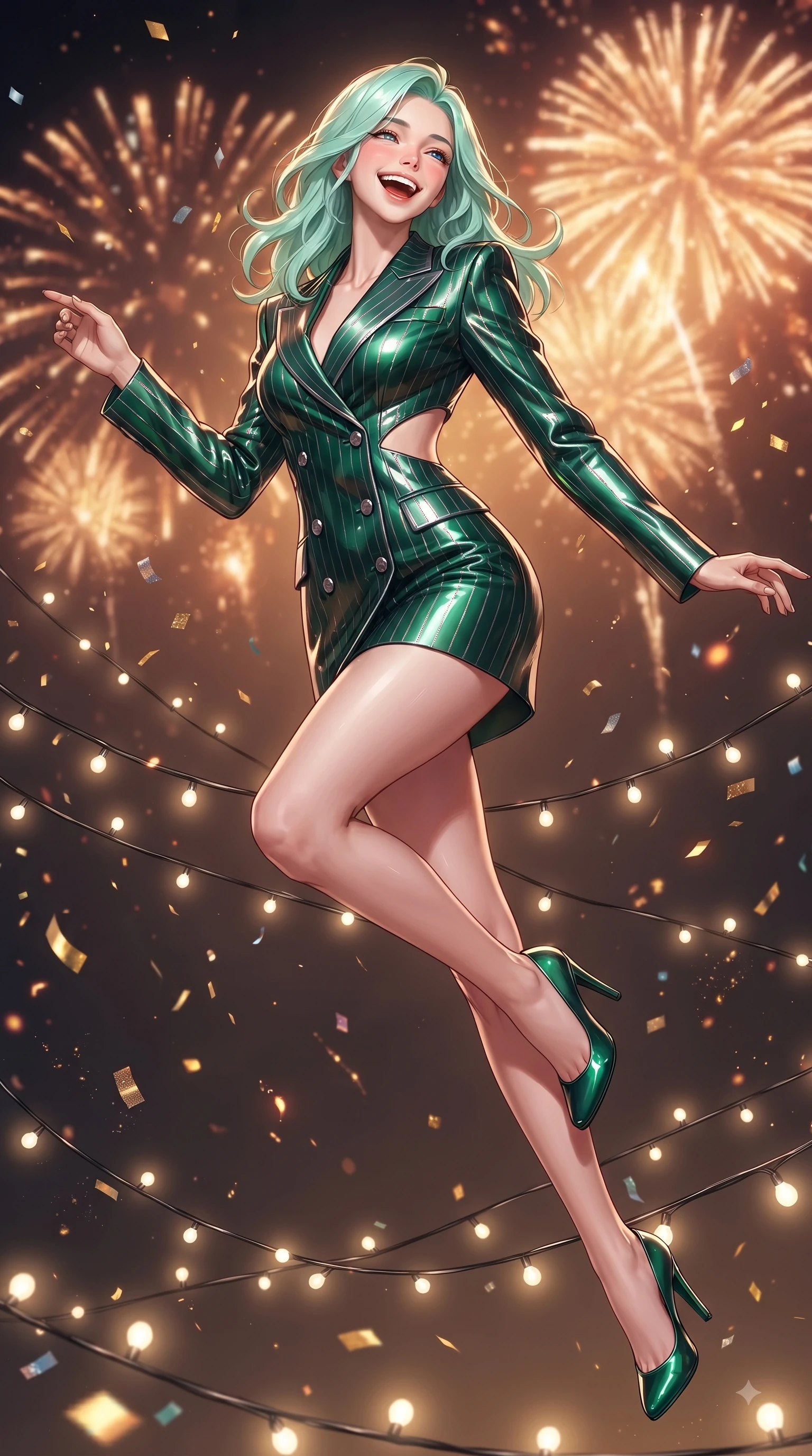 score_9, masterpiece, best quality, ultra-detailed, high-budget anime keyframe, editorial fashion photography, tasteful artistic composition, Japanese woman. low angle full-body shot from head to toe showing her feet, filling the entire 9:16 vertical frame with her statuesque presence, stretching her vertical silhouette. pivoting dynamically in zero-gravity with a delighted laughing expression, displaying her perfect model proportions while pivoting dynamically amidst string fairy lights with a laughing, delighted expression, sparkling confetti and golden embers drifting around her dynamic silhouette. She has an absolutely perfect, statuesque 8.5-heads proportion, an exceptionally tall and slender model-like female figure with impossibly long slender legs and an ultra-slim waist. sharp v-shaped jawline, high-bridge nose, intricate jewel-like eyes with depth, thick eyelashes, glossy lips with a natural sheen, flawlessly proportioned anatomical accuracy, natural body alignment, perfectly sculpted elegant limbs, clean dynamic posture without body distortion. wearing a double-breasted blazer dress with subtle metallic pin-stripes in deep emerald green and silver accent, tailored from high-gloss patent leather, featuring clean architectural cutouts along her slender torso, the elegant draped fit framing her graceful clavicle and slender torso. bathed in festive firework explosions and warm amber fairy light radiance. ultra-reflective glossy finish, specular highlights, metallic sheen, high-contrast stereoscopic depth, volumetric dynamic lighting, 2k, ultra detail, master piece, 9:16 ratio