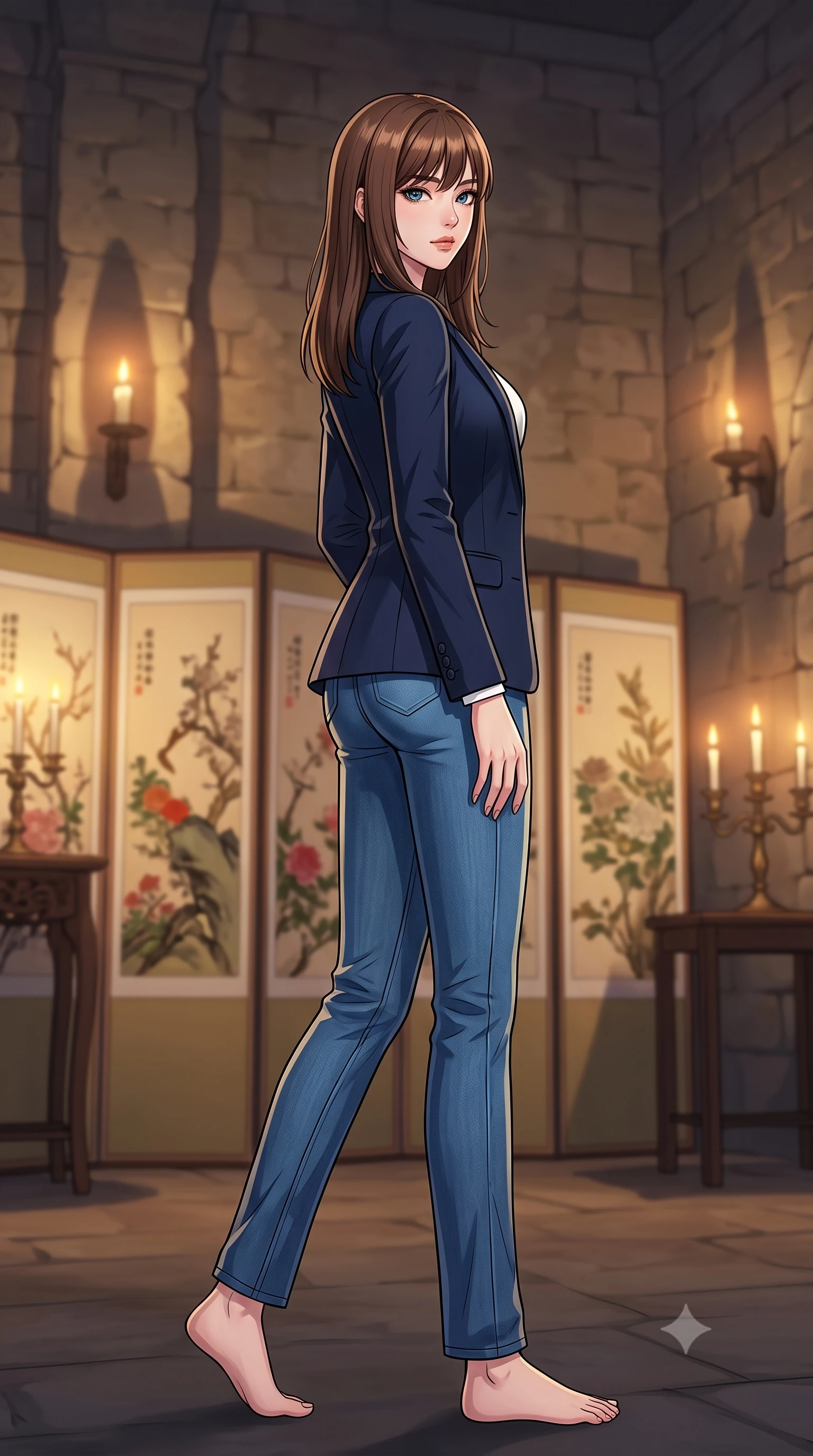 score_9, masterpiece, best quality, ultra-detailed, high-budget anime keyframe, tasteful artistic composition, Korean woman. low angle full-body shot from head to toe showing her feet, filling the entire 9:16 vertical frame with her statuesque presence, stretching her vertical silhouette. stepping gracefully while looking back over her shoulder, her dress draped tightly to reveal her silhouette the background shows a soft-focus an old castle chamber with decorative screen paintings and candle stands. She has an absolutely perfect, statuesque 8.5-heads proportion, an exceptionally tall and slender model-like female figure with impossibly long slender legs and an ultra-slim waist. sharp v-shaped jawline, high-bridge nose, intricate jewel-like eyes with depth, thick eyelashes, glossy lips with a natural sheen. wearing a body-hugging classic navy blue blazer over a white crewneck shirt and straight-leg blue jeans. warm flickering candle lights casting dramatic shadows on the stone walls. highly saturated vibrant anime colors, cel-shading, 2d style, master piece, 9:16 ratio