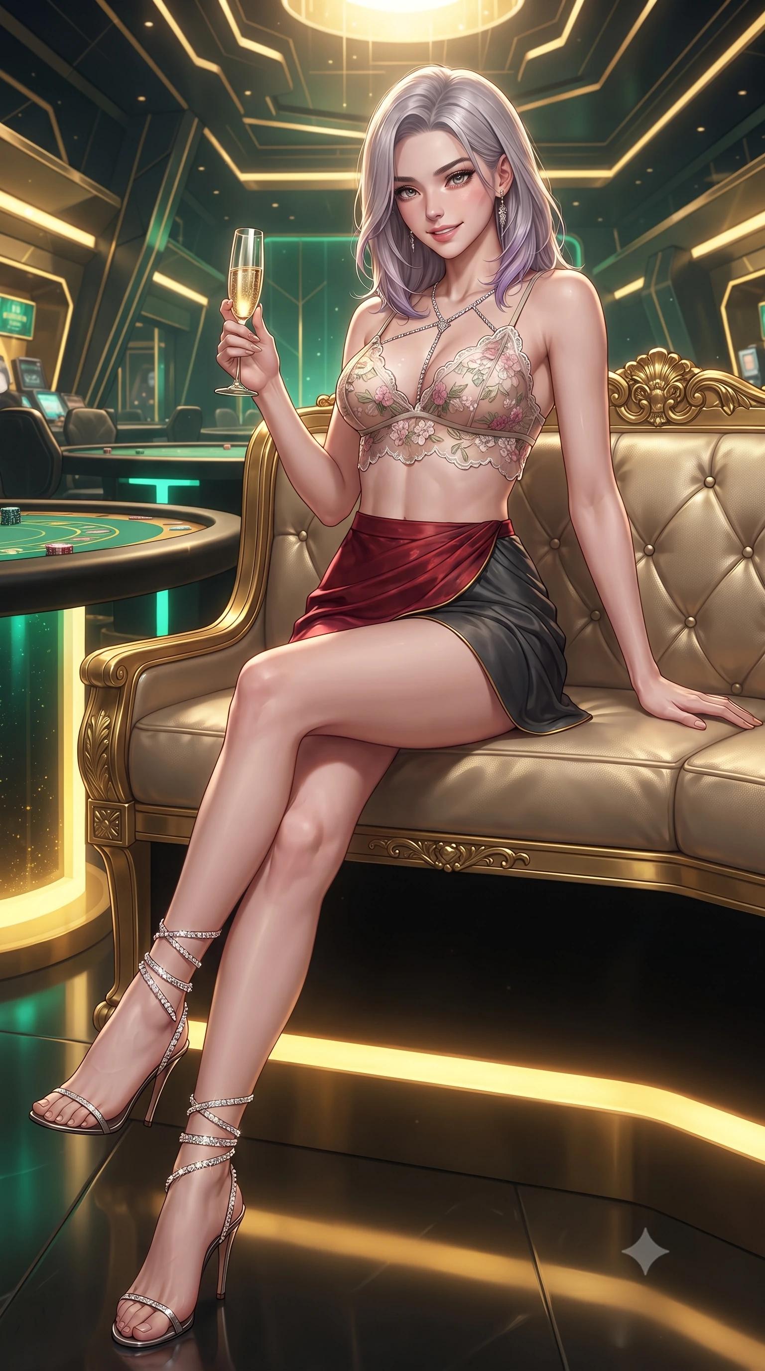 score_9, masterpiece, best quality, ultra-detailed, high-budget anime keyframe, editorial fashion photography, tasteful artistic composition, Caucasian woman. low angle full-body shot from head to toe showing her feet, filling the entire 9:16 vertical frame with her statuesque presence, stretching her vertical silhouette. lounging on the lavish daybed with legs crossed and hips angled toward the camera, displaying her toned midriff and long slender limbs with effortless siren poise while lounging in the gold-trimmed VIP banquette propped on one elbow, holding a champagne flute with effortless sovereign gambler cool. The surrounding environment is rendered in vivid detail and crisp panoramic clarity: detailed liquid metallic lamé slip dress cling, diamond body harness shine, and futuristic penthouse casino architecture in razor-sharp precision. She has an absolutely perfect, statuesque 8.5-heads proportion, an exceptionally tall and slender model-like female figure with impossibly long slender legs, an ultra-slim waist, a flat toned midriff, narrow delicate ribcage, and beautifully sculpted feminine hips creating a graceful, slim hourglass silhouette without any bulky heaviness. sharp v-shaped jawline, high-bridge nose, sparkling eyes with hypnotic seductive depth, thick curled eyelashes, glossy parted lips with a natural dewy peach sheen, alluring bedroom-eyes with an enchanting coquettish smile, exuding magnetic siren charisma and sophisticated glamour, flawlessly proportioned anatomical accuracy, strict slender model proportions, natural body alignment, perfectly sculpted long slender limbs, ultra-slim waistline, clean dynamic posture without body distortion. wearing a delicate sheer floral embroidered lace bralette with scalloped hems paired with an ultra-short draped linen wrap mini skirt in rich cherry lacquer and smoky charcoal with gold piping, made of delicate semi-sheer French Chantilly lace with intricate eyelash edges, complemented by strappy stiletto sandals with crystal ankle wraps accentuating her slender calves, the second-skin tailored fabric adhering flawlessly to her sculpted flat midriff and slender torso, emphasizing her long leg lines and perfectly proportioned willowy build. bathed in intense gold and emerald illumination radiating from under-lit gaming tables. ultra-reflective glossy finish, specular highlights, rich textural contrasts, high-contrast stereoscopic depth, volumetric dynamic lighting, 2k, ultra detail, master piece, 9:16 ratio