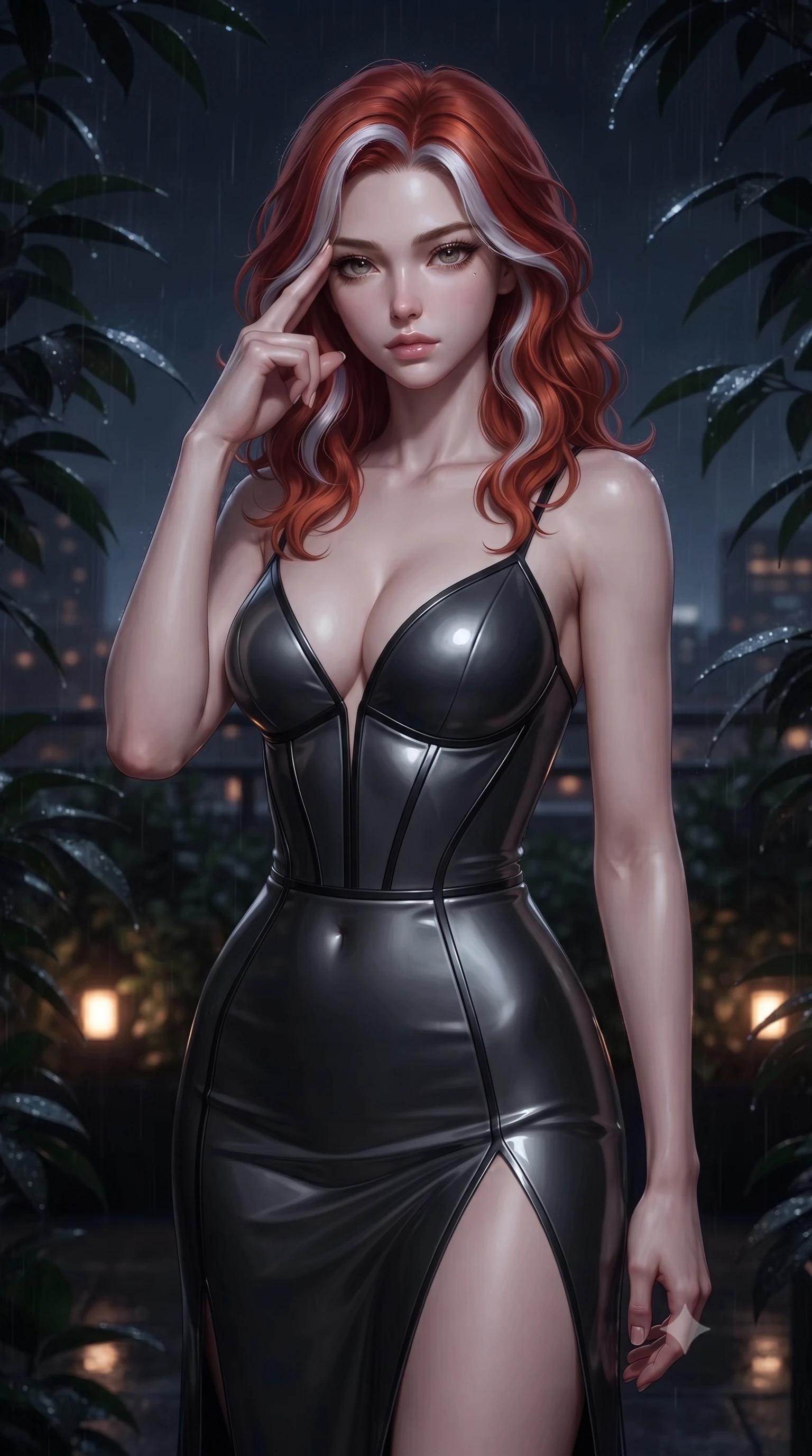score_9, masterpiece, best quality, ultra-detailed, high-budget anime keyframe, editorial fashion photography, tasteful artistic composition, Caucasian woman. close-up cowboy shot from the waist and thighs up, the character dominates the composition, filling the frame with her large presence, background elements kept in soft focus. Pressing two fingers to her temple in a composed, sharp thoughtful gesture, walking through a dark luxury rooftop garden at 3 AM during a gentle night rain, dark rain-slicked plant leaves framing the night scene in soft focus. She has an exceptionally elegant, slender, and willowy female figure with an ultra-slim waist, a gracefully sculpted slender torso, and a refined silhouette. sharp v-shaped jawline, high-bridge nose, intricate jewel-like eyes with depth, thick eyelashes, glossy lips with a natural sheen. wearing low-cut gothic structured bodice gown with high leg slit in dark charcoal gray, made of sculpted obsidian metallic chrome, adorned with minimalist black onyx hardware framing the silhouette, the fitted fabric emphasizing her ultra-slim waist. illuminated by low warm amber garden lights and distant city skyglow. ultra-reflective glossy finish, specular highlights, metallic sheen, high-contrast stereoscopic depth, volumetric dynamic lighting, 2k, ultra detail, master piece, 9:16 ratio