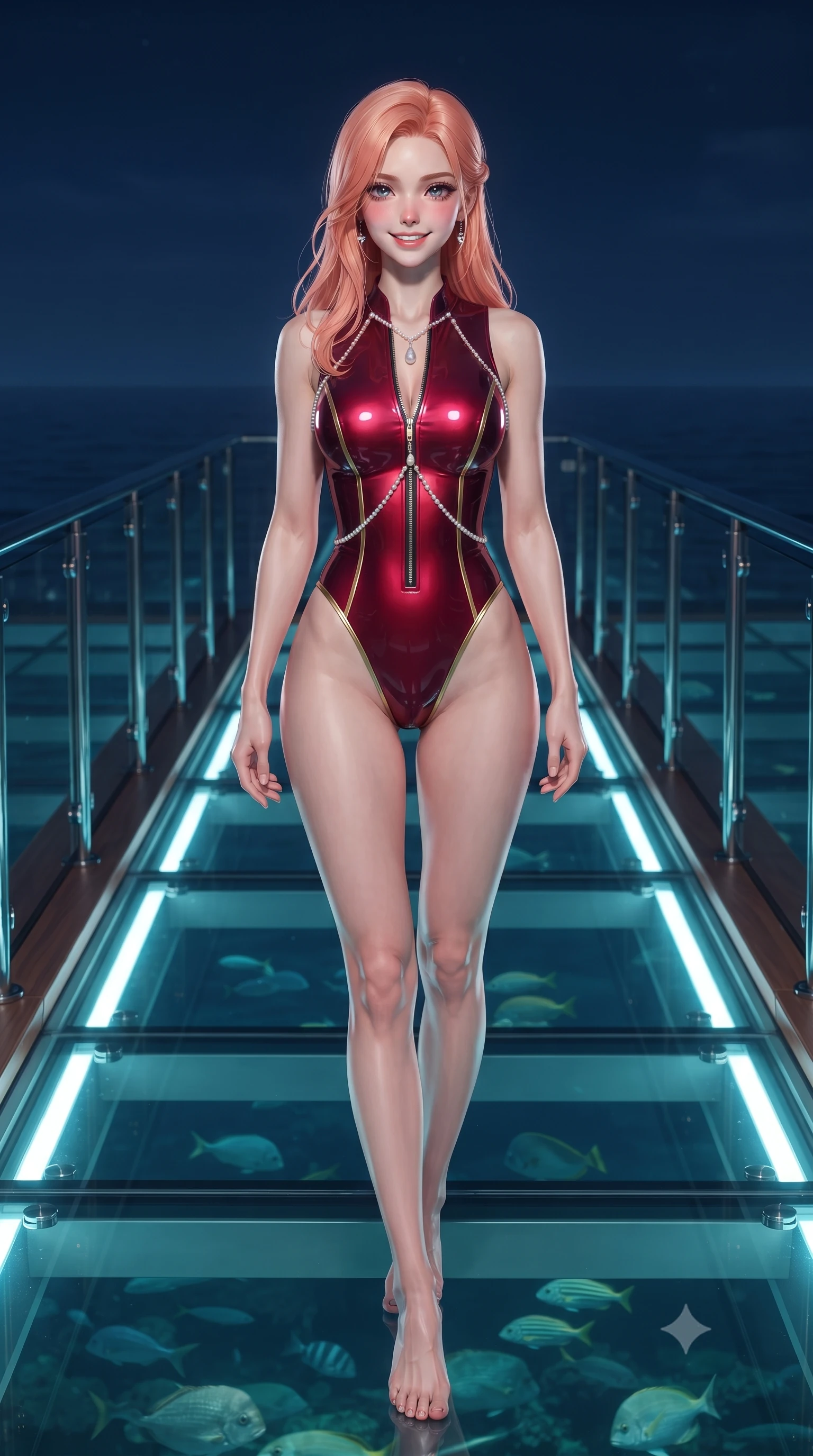 score_9, masterpiece, best quality, ultra-detailed, high-budget anime keyframe, editorial fashion photography, tasteful artistic composition, Japanese woman. low angle full-body shot from head to toe showing her feet, filling the entire 9:16 vertical frame with her statuesque presence, stretching her vertical silhouette. stepping slowly toward the camera with hypnotic grace, hips swaying in an alluring sensual rhythm that accentuates her curvy hourglass silhouette and long slender legs while walking poised along the illuminated glass pier suspended over the calm sea, arching her spine with supermodel rhythm as night settles. The surrounding environment is rendered in vivid detail and crisp panoramic clarity: sharp tempered glass floor panels revealing sea fish below, polished stainless steel fasteners, and smooth teak borders in deep focus. She has an exceptionally tall and slender model-like 8.5-heads proportion, an ultra-slim waist, a flat toned midriff, narrow delicate ribcage, and beautifully sculpted feminine hips creating a graceful, slim hourglass silhouette without any bulky heaviness, with impossibly long slender legs. sharp v-shaped jawline, high-bridge nose, intricate jewel-like sparkling eyes with depth, thick eyelashes, glossy parted lips with a natural peach sheen, bright cheerful beaming smile with an enchanting and coquettish sensual glint, exuding both youthful cute charm and seductive allure, flawlessly proportioned anatomical accuracy, strict slender model proportions, natural body alignment, perfectly sculpted long slender limbs, ultra-slim waistline, clean dynamic posture without body distortion. wearing a form-contouring wet-look neoprene zip-front maillot with high-cut leg openings and gold racing side trims in rich ruby crimson and dark brushed titanium, crafted from wet-look high-gloss vinyl fabric with dazzling specular surface reflections, accented with a pearl-drop body harness subtly framing her dewy collarbones and spine, the high-slit wrap tailoring accentuating her ultra-slim waistline and the enchanting curve of her feminine hips with alluring seductive charm. illuminated by glass floor upward bounce and sharp platinum-cyan rim lights defining her jawline, flat midriff, and feminine hips. ultra-reflective glossy finish, specular highlights, rich textural contrasts, high-contrast stereoscopic depth, volumetric dynamic lighting, 2k, ultra detail, master piece, 9:16 ratio