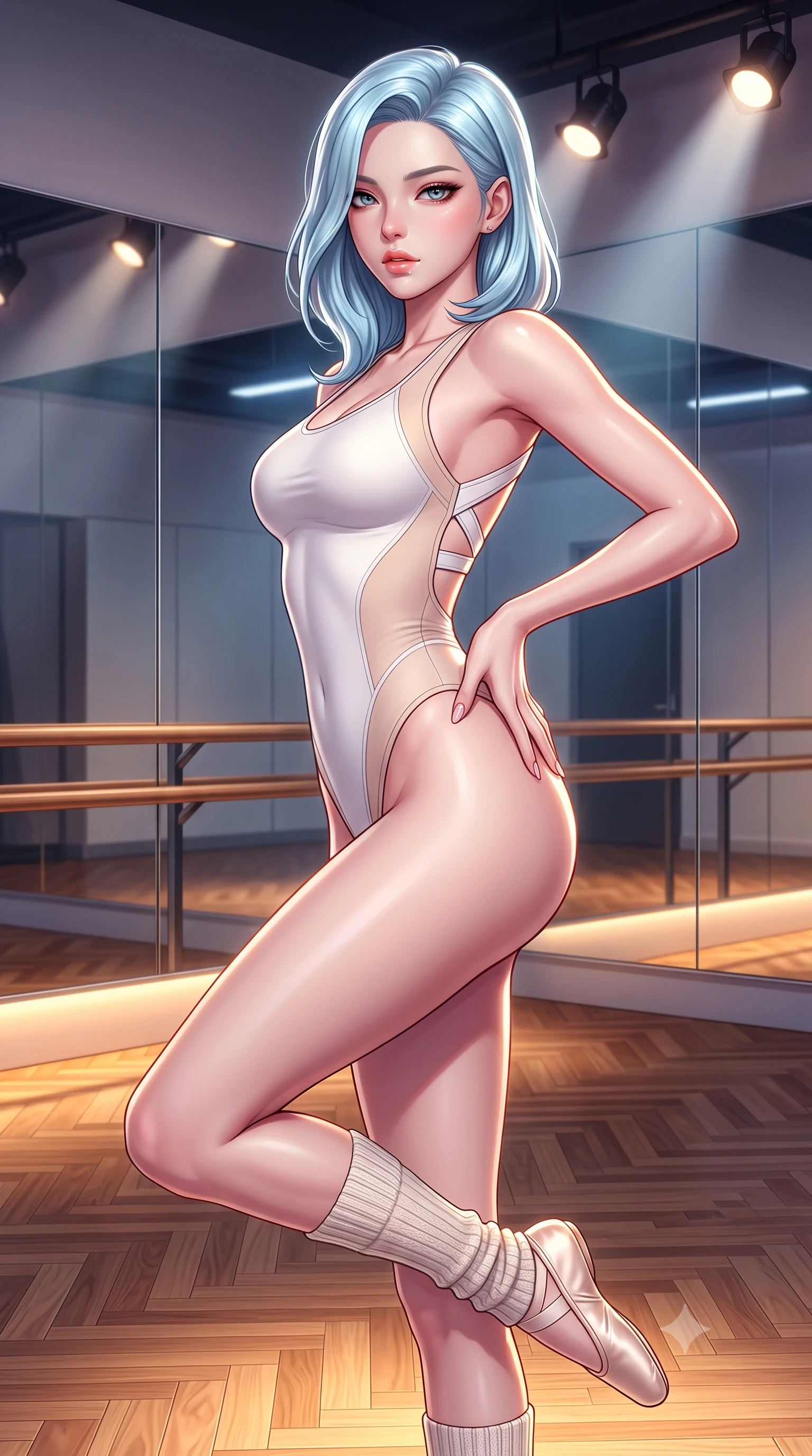 score_9, masterpiece, best quality, ultra-detailed, high-budget anime keyframe, semi-realistic 3D game render, editorial fashion photography, tasteful artistic composition, Korean woman. close-up cowboy shot from the waist and thighs up, the character dominates the composition, filling the frame with her large presence. resting one manicured hand delicately on her hip bone, her upper body turning in a fluid, seductive S-curve while parted lips glisten in the light while executing an elegant mid-motion arabesque turn before the mirrors, the tight fabric sculpting her feminine hip contour with statuesque precision. The surrounding environment is rendered in vivid detail and crisp panoramic clarity. sharp mirror reflection seams, polished hardwood parquet flooring, and wooden barre grain in deep focus. She has an exceptionally elegant, slender, and willowy female figure with an ultra-slim waist, a gracefully sculpted slender torso, toned flat midriff, and rounded feminine hips creating an alluring hourglass silhouette. sharp v-shaped jawline, high-bridge nose, intricate jewel-like eyes with depth, thick eyelashes, glossy parted lips with a natural sheen, intensely captivating and seductive bedroom-eyes expression, flawlessly proportioned anatomical accuracy, strict slender model proportions, natural body alignment, perfectly sculpted long slender limbs, ultra-slim waistline, clean dynamic posture without body distortion. wearing a modern athletic monokini leotard with criss-cross back harness straps and high-hip cut in pristine chalk white and pale nude, made of seamless compression knit with anatomical body-contouring support, accessorized with knitted leg warmers and delicate satin ballet slippers, the glove-like aerodynamic silhouette tightly following the natural contour of her hips and long slender legs with statuesque precision. bathed in warm floor-level uplighting and dramatic overhead theatrical spotlights. highly saturated vibrant anime colors, detailed shading with soft gradients, rich glossy textures, high-contrast stereoscopic depth, volumetric dynamic lighting, master piece, 9:16 ratio