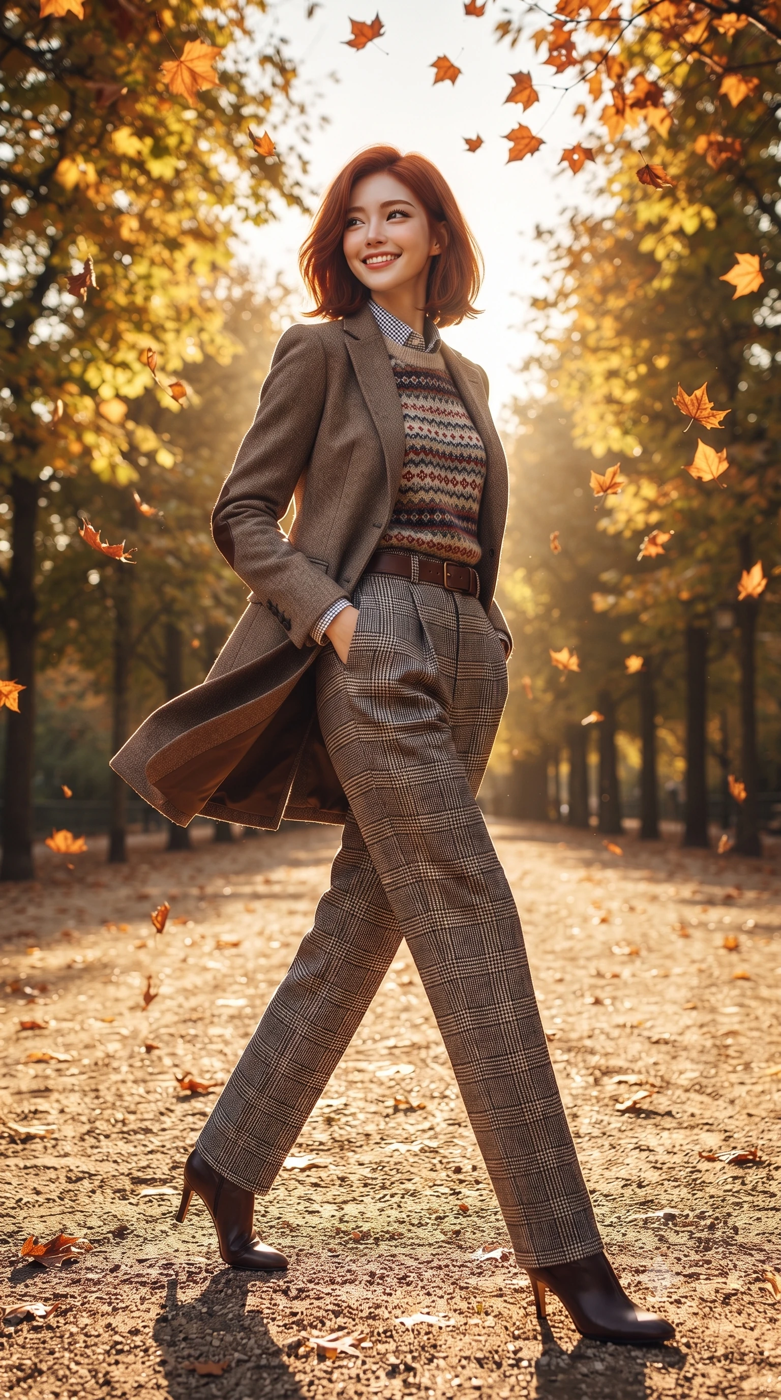 score_9, masterpiece, best quality, ultra-detailed, high-budget anime keyframe, editorial fashion photography, tasteful artistic composition, Korean woman. low angle full-body shot from head to toe showing her feet, filling the entire 9:16 vertical frame with her statuesque presence, stretching her vertical silhouette. stepping forward gracefully in mid-motion with a radiant beaming smile, her long tailored coat fluttering around her slender legs while strolling along the tree-lined gravel promenade surrounded by falling amber plane tree leaves, looking back with a joyful, beaming smile. The surrounding environment is rendered in vivid detail and crisp panoramic clarity: detailed equestrian wool blazer tailoring, leather elbow patch textures, and natural royal park foliage in high resolution. She has an exceptionally tall and slender model-like 8.5-heads proportion, an ultra-slim waist, a flat toned midriff, narrow delicate ribcage, and beautifully sculpted feminine hips creating a graceful, slim hourglass silhouette without any bulky heaviness, with impossibly long slender legs. sharp v-shaped jawline, high-bridge nose, intricate jewel-like sparkling eyes with depth, thick eyelashes, glossy parted lips with a natural peach sheen, bright cheerful beaming smile with an enchanting and coquettish sensual glint, exuding both youthful cute charm and seductive allure, flawlessly proportioned anatomical accuracy, strict slender model proportions, natural body alignment, perfectly sculpted long slender limbs, ultra-slim waistline, clean dynamic posture without body distortion. wearing a Fair Isle patterned lambswool knit sweater layered over an Oxford button-down shirt with pleated wool trousers in classic glen plaid monochrome with subtle wine red accent, tailored from fine wool gabardine with crisp permanent pleats and sharp drape, finished with fine mother-of-pearl cuff buttons catching the soft ambient light, the structured cinched belt emphasizing her narrow waistline and gracefully balanced proportions with timeless haute-couture polish. bathed in crisp low-angle late-afternoon autumn sunlight filtering through a shimmering golden leaf canopy. ultra-reflective glossy finish, specular highlights, rich textural contrasts, high-contrast stereoscopic depth, volumetric dynamic lighting, 2k, ultra detail, master piece, 9:16 ratio