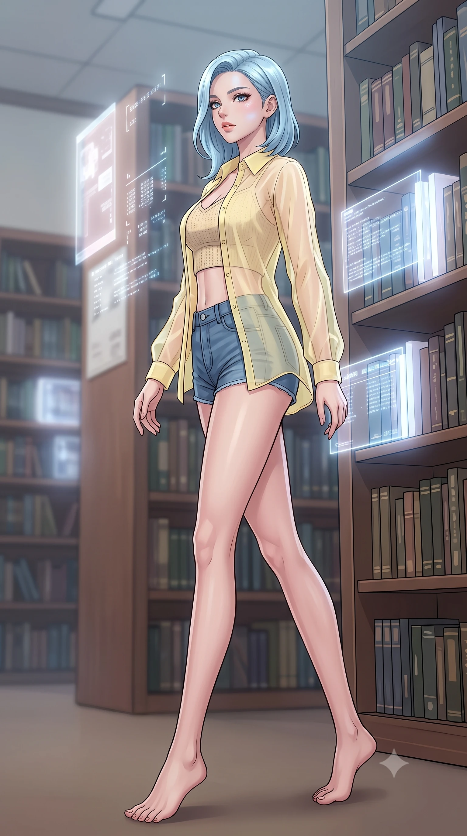 score_9, masterpiece, best quality, ultra-detailed, high-budget anime keyframe, tasteful artistic composition, Korean woman. low angle full-body shot from head to toe showing her feet, filling the entire 9:16 vertical frame with her statuesque presence, stretching her vertical silhouette. stepping gracefully while looking back over her shoulder, her dress draped tightly to reveal her silhouette the background shows a soft-focus a quiet library archives room with digital books emitting soft holograms. She has an absolutely perfect, statuesque 8.5-heads proportion, an exceptionally tall and slender model-like female figure with impossibly long slender legs and an ultra-slim waist. sharp v-shaped jawline, high-bridge nose, intricate jewel-like eyes with depth, thick eyelashes, glossy lips with a natural sheen. wearing a slim-fit sheer organza shirt in pale yellow worn open over a knit crop top and micro-shorts. soft white and blue glow casting an intelligent, mysterious ambiance. highly saturated vibrant anime colors, cel-shading, 2d style, master piece, 9:16 ratio