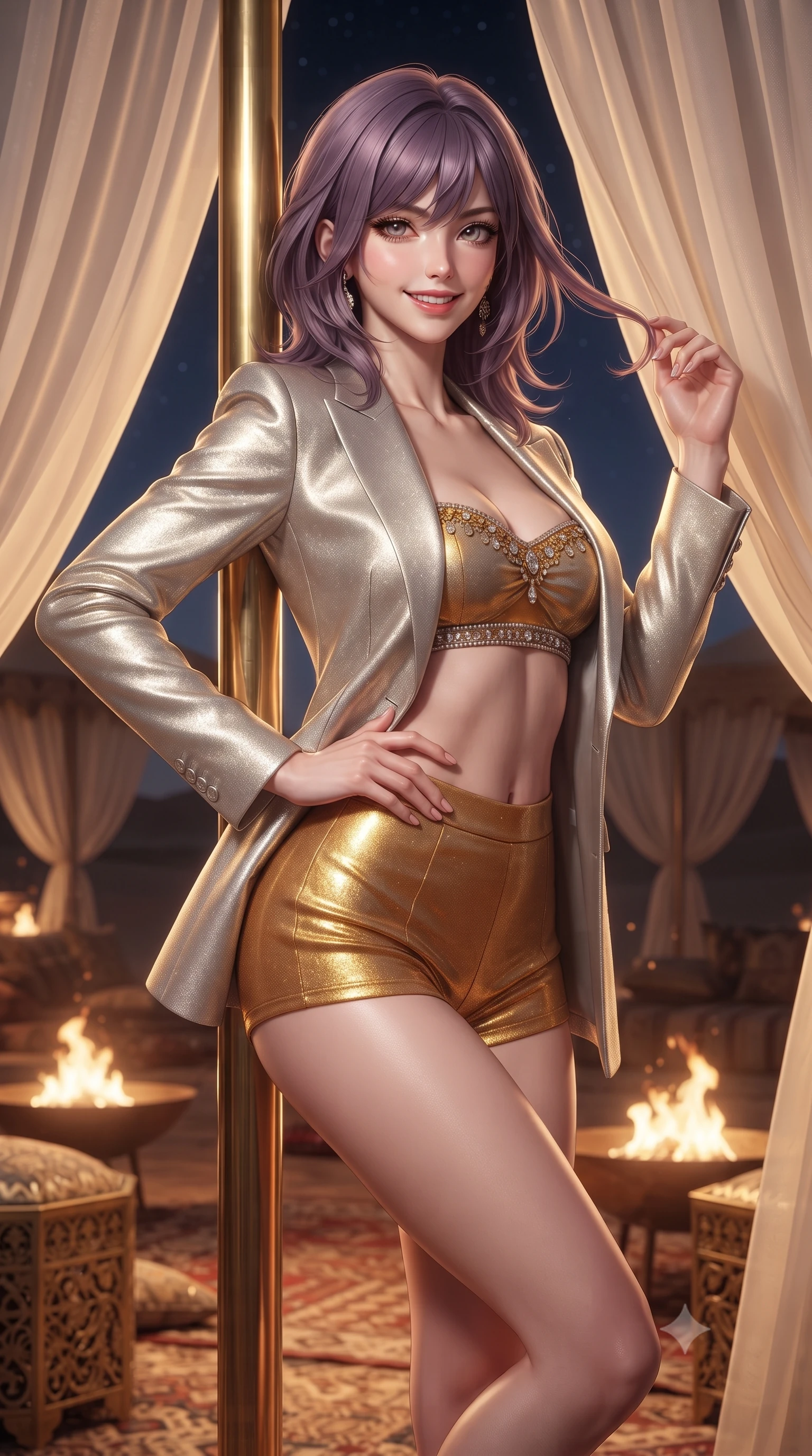 score_9, masterpiece, best quality, ultra-detailed, high-budget anime keyframe, editorial fashion photography, tasteful artistic composition, Japanese woman. close-up cowboy shot from the waist and thighs up, the character dominates the composition, filling the frame with her large presence. twisting her slender torso in an alluring contrapposto stance, one hand resting on her sculpted hip while her fingers toy with her hair with effortless poise while leaning against the polished brass pavilion pole with hips cocked back, looking through billowing chiffon curtains with smoldering eyes. The surrounding environment is rendered in vivid detail and crisp panoramic clarity: detailed metallic lame wrap top texture, bare midriff contour, and luxury glamping craft in high resolution. She has an exceptionally elegant, slender, and willowy female figure with an ultra-slim waist, flat toned midriff, narrow ribcage, and sculpted feminine hips creating an alluring, slim hourglass silhouette without bulk. sharp v-shaped jawline, high-bridge nose, intricate jewel-like sparkling eyes with depth, thick eyelashes, glossy parted lips with a natural peach sheen, bright cheerful beaming smile with an enchanting and coquettish sensual glint, exuding both youthful cute charm and seductive allure, flawlessly proportioned anatomical accuracy, strict slender model proportions, natural body alignment, perfectly sculpted long slender limbs, ultra-slim waistline, clean dynamic posture without body distortion. wearing a modern tailored open-front smoking jacket blazer worn over a jeweled bandeau crop top and high-waisted tailored micro-shorts in Dubai desert golden hour amber and pure starlight platinum, crafted from delicate pleated metallic lamé catching dynamic light with every step, finished with scalloped eyelash lace trim framing her sweetheart neckline with intimate elegance, the liquid-tight tailored fabric clinging flawlessly to her narrow waist and rounded feminine hips, emphasizing every millimeter of her sculpted slim hourglass curves without any bulky heaviness. bathed in the dramatic warm 2200K glow of dancing fire pits contrasted with cool desert starlight. ultra-reflective glossy finish, specular highlights, rich textural contrasts, high-contrast stereoscopic depth, volumetric dynamic lighting, 2k, ultra detail, master piece, 9:16 ratio