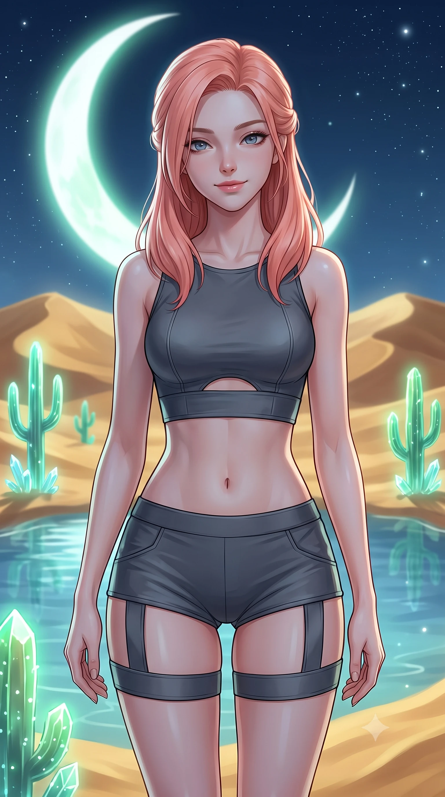 score_9, masterpiece, best quality, ultra-detailed, high-budget anime keyframe, editorial fashion photography, tasteful artistic composition, Japanese woman. close-up cowboy shot from the waist and thighs up, the character dominates the composition, filling the frame with her large presence, background elements kept in soft focus. Gently tilting her head with a serene, peaceful smile of quiet happiness. set against a soft-focus background of standing beside a pristine desert pool surrounded by shifting gold sand dunes and glowing crystal cacti under a clear starry night. She has an exceptionally elegant, slender, and willowy female figure with a highly-defined ultra-slim waist, a gracefully sculpted slender torso, and a refined slim-fit silhouette that contours her form. sharp v-shaped jawline, high-bridge nose, intricate jewel-like eyes with depth, thick eyelashes, glossy lips with a natural sheen. wearing a cyber-tactical crop top in dark grey with a subtle waist cutout, paired with matching high-cut shorts and thigh straps. soft white moonlight from a large crescent moon with a gentle green bioluminescent glow from the cacti. 2k, ultra detail, master piece, 9:16 ratio