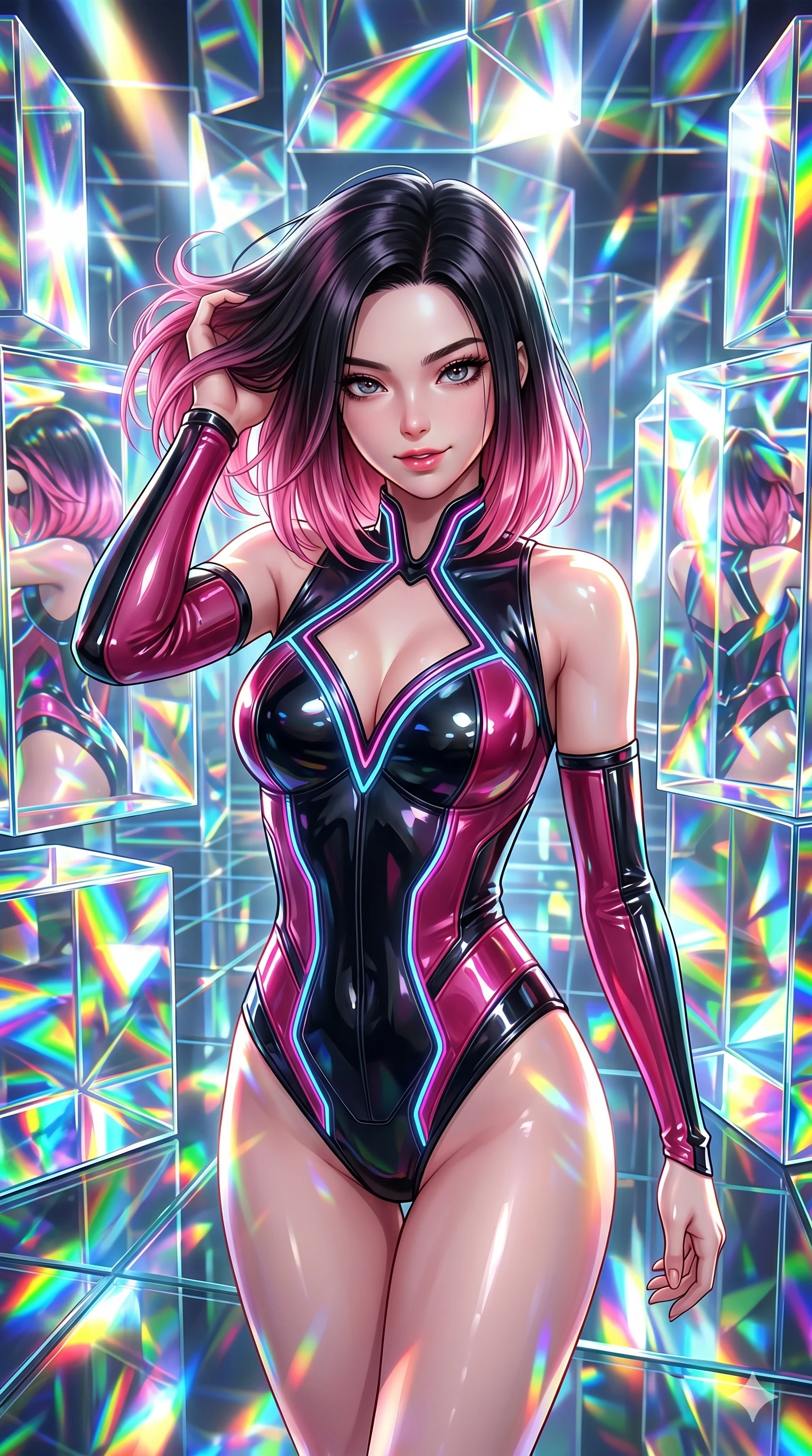 score_9, masterpiece, best quality, ultra-detailed, high-budget anime keyframe, semi-realistic 3D game render, Korean woman. Upper body close-up from the thighs up, character filling the screen for maximum presence. She is moving with dynamic energy, reflecting in a maze of giant prismatic glass blocks that shower bright spectrums of light. She runs a hand through her hair with a playful, teasing expression. She has an absolutely perfect 8-heads proportion, a tall and elegant figure with a refined silhouette and a defined waistline. V-shaped jawline, high-bridge nose, intricate jewel-like eyes with depth, thick eyelashes, glossy lips with a natural sheen. She is wearing a structured cybernetic bodice in glossy vinyl panels, paired with detached sleeves and a refined V-neckline detailed with glowing piping. The scene is drenched in blindingly bright rainbow prismatic spotlights with sharp specular highlights. 2k, ultra detail, master piece, 9:16 ratio