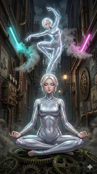 score_9, masterpiece, best quality, ultra-detailed, Set A: High-budget Anime Keyframe, Japanese woman. Low angle cowboy shot filling the entire 9:16 frame with her statuesque presence. Theme: Urban Decay. meditating in a steampunk London alleyway, as