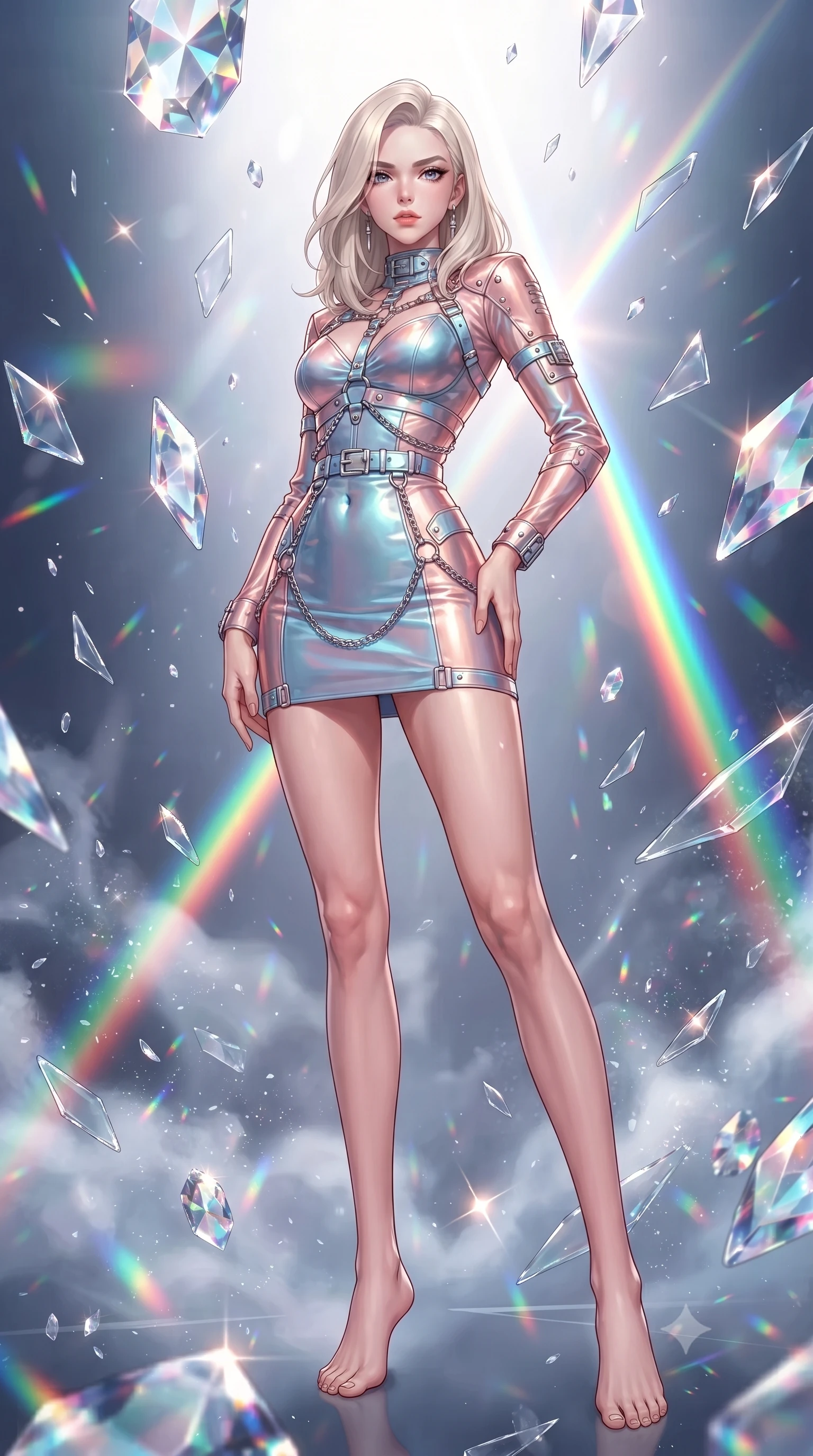 score_9, masterpiece, best quality, ultra-detailed, high-budget anime keyframe, editorial fashion photography, tasteful artistic composition, Caucasian woman. low angle full-body shot from head to toe showing her feet, filling the entire 9:16 vertical frame with her statuesque presence, stretching her vertical silhouette. forging confidently through the floating crystal mist, holding a poised statuesque stance, resting amidst suspended crystal facets scattering rainbow dust in all directions, shattered glass shards suspended in mid-air catching specular glints. She has an absolutely perfect, statuesque 8.5-heads proportion, an exceptionally tall and slender model-like female figure with impossibly long slender legs and an ultra-slim waist. sharp v-shaped jawline, high-bridge nose, intricate jewel-like eyes with depth, thick eyelashes, glossy lips with a natural sheen. wearing aerodynamic second-skin rose-gold metallic bodycon dress in sky blue turquoise, made of iridescent turquoise taffeta, framed by polished silver buckles and delicate chain details, the fitted fabric emphasizing her ultra-slim waist. lit by a single piercing key ray splitting into vivid spectrums. highly saturated vibrant anime colors, detailed shading with soft gradients, rich glossy textures, high-contrast stereoscopic depth, volumetric dynamic lighting, master piece, 9:16 ratio