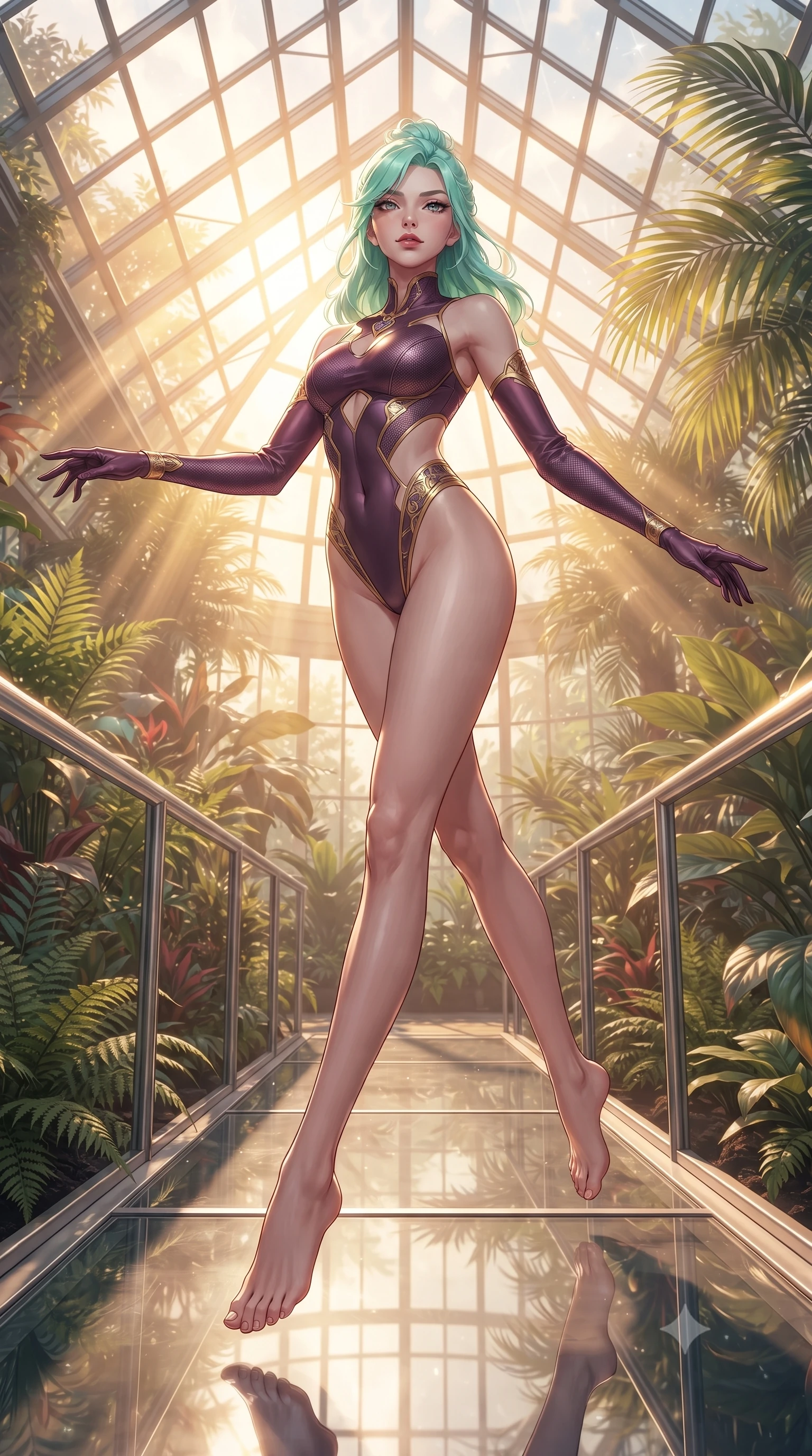 score_9, masterpiece, best quality, ultra-detailed, high-budget anime keyframe, editorial fashion photography, tasteful artistic composition, Japanese woman. low angle full-body shot from head to toe showing her feet, filling the entire 9:16 vertical frame with her statuesque presence, stretching her vertical silhouette. leaping gracefully through the environment with statuesque elegance and long slender legs walking along a platinum-framed glass walkway in a sunlit botanical dome, intense volumetric sunbeams filtering through the glass ceiling. She has an absolutely perfect, statuesque 8.5-heads proportion, an exceptionally tall and slender model-like female figure with impossibly long slender legs and an ultra-slim waist. sharp v-shaped jawline, high-bridge nose, intricate jewel-like eyes with depth, thick eyelashes, glossy lips with a natural sheen. wearing an asymmetrical high-cut tech-bodysuit with detached sleeves in plum purple and gold filigree, made of fine carbon-fiber weave and soft matte leather, featuring subtle geometric cutouts that highlight her ultra-slim midriff, the glove-like fit emphasizing her statuesque silhouette. lit by warm golden-hour rays cascading through crystalline glass panes. ultra-reflective glossy finish, specular highlights, metallic sheen, high-contrast stereoscopic depth, volumetric dynamic lighting, 2k, ultra detail, master piece, 9:16 ratio