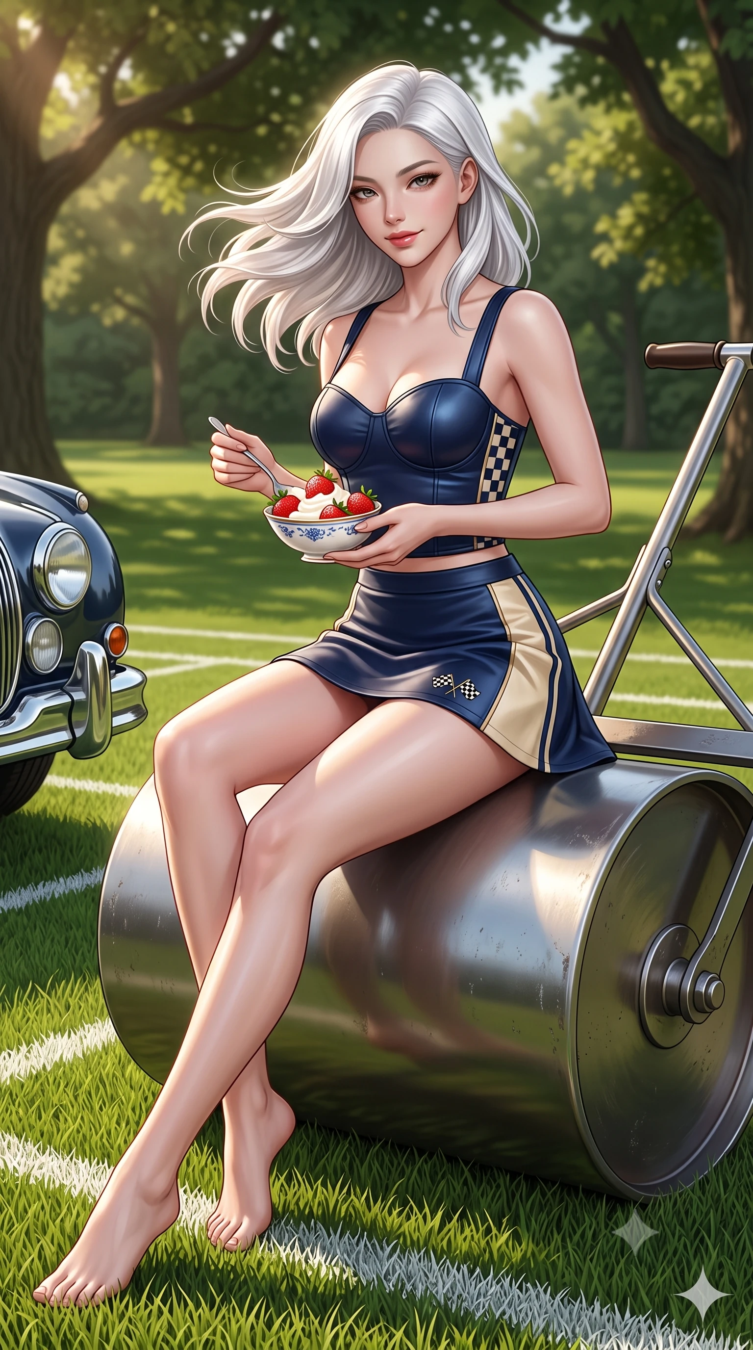 score_9, masterpiece, best quality, ultra-detailed, high-budget anime keyframe, semi-realistic 3D game render, editorial fashion photography, tasteful artistic composition, Korean woman. close-up cowboy shot from the waist and thighs up, the character dominates the composition, filling the frame with her large presence. turning slowly with a smoldering smile, her glossy hair tossing in the breeze as her hips angle gracefully in a captivating contrapposto while sitting gracefully on the grass court roller with legs extended, holding a bowl of fresh strawberries and cream with effortless old-money charm. The surrounding environment is rendered in vivid detail and crisp panoramic clarity: sharp cut grass blade textures, chalk line demarcations, and vintage Jaguar chrome bumper reflections in deep focus. She has an exceptionally elegant, slender, and willowy female figure with an ultra-slim waist, flat toned midriff, narrow ribcage, and sculpted feminine hips creating an alluring, slim hourglass silhouette without bulk. sharp v-shaped jawline, high-bridge nose, sparkling eyes with athletic focus and depth, thick curled eyelashes, glossy parted lips with a natural coral-peach sheen, bright confident and coquettish smile with alluring bedroom-eyes, exuding both youthful sporty vigor and sovereign high-society glamour, flawlessly proportioned anatomical accuracy, strict slender model proportions, natural body alignment, perfectly sculpted long slender limbs, ultra-slim waistline, clean dynamic posture without body distortion. wearing a chic leather bustier top with checkered flag trim paired with an ultra-short A-line tennis skirt in Monaco navy blue and cream champagne gold, crafted from supple buttery lambskin racing leather with a satin sheen, finished with contrasting racing stripe tape and subtle checkered flag embroidery, the glove-like aerodynamic silhouette tightly following the natural contour of her hips and long slender legs with youthful 8.5-heads elegance. bathed in soft warm English afternoon sunlight filtering through stately oak trees. highly saturated vibrant anime colors, detailed shading with soft gradients, rich glossy textures, high-contrast stereoscopic depth, volumetric dynamic lighting, master piece, 9:16 ratio