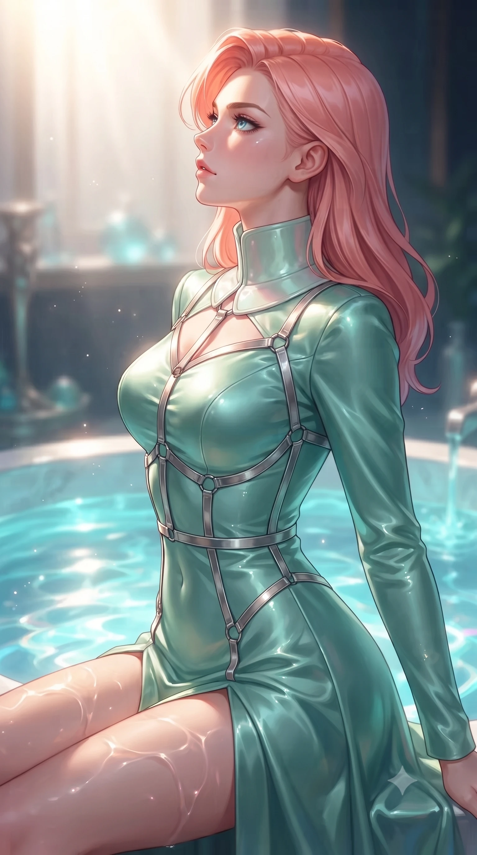 score_9, masterpiece, best quality, ultra-detailed, high-budget anime keyframe, editorial fashion photography, tasteful artistic composition, Japanese woman. close-up cowboy shot from the waist and thighs up, the character dominates the composition, filling the frame with her large presence, background elements kept in soft focus. Turning her face in sharp dramatic profile against the radiant light, resting near a crystal basin filled with glowing bioluminescent opal water, ultra-reflective liquid mercury ripples casting shimmering light patterns. She has an exceptionally elegant, slender, and willowy female figure with an ultra-slim waist, a gracefully sculpted slender torso, and a refined silhouette. sharp v-shaped jawline, high-bridge nose, intricate jewel-like eyes with depth, thick eyelashes, glossy lips with a natural sheen. wearing long-sleeved seafoam green satin gown with high structured collar in pale opal seafoam, made of sculpted platinum chrome, highlighted by a platinum metallic harness structure, sculpting her athletic slender build with refined precision. illuminated by ultra-bright specular highlights reflecting off liquid pearl. highly saturated vibrant anime colors, detailed shading with soft gradients, rich glossy textures, high-contrast stereoscopic depth, volumetric dynamic lighting, master piece, 9:16 ratio