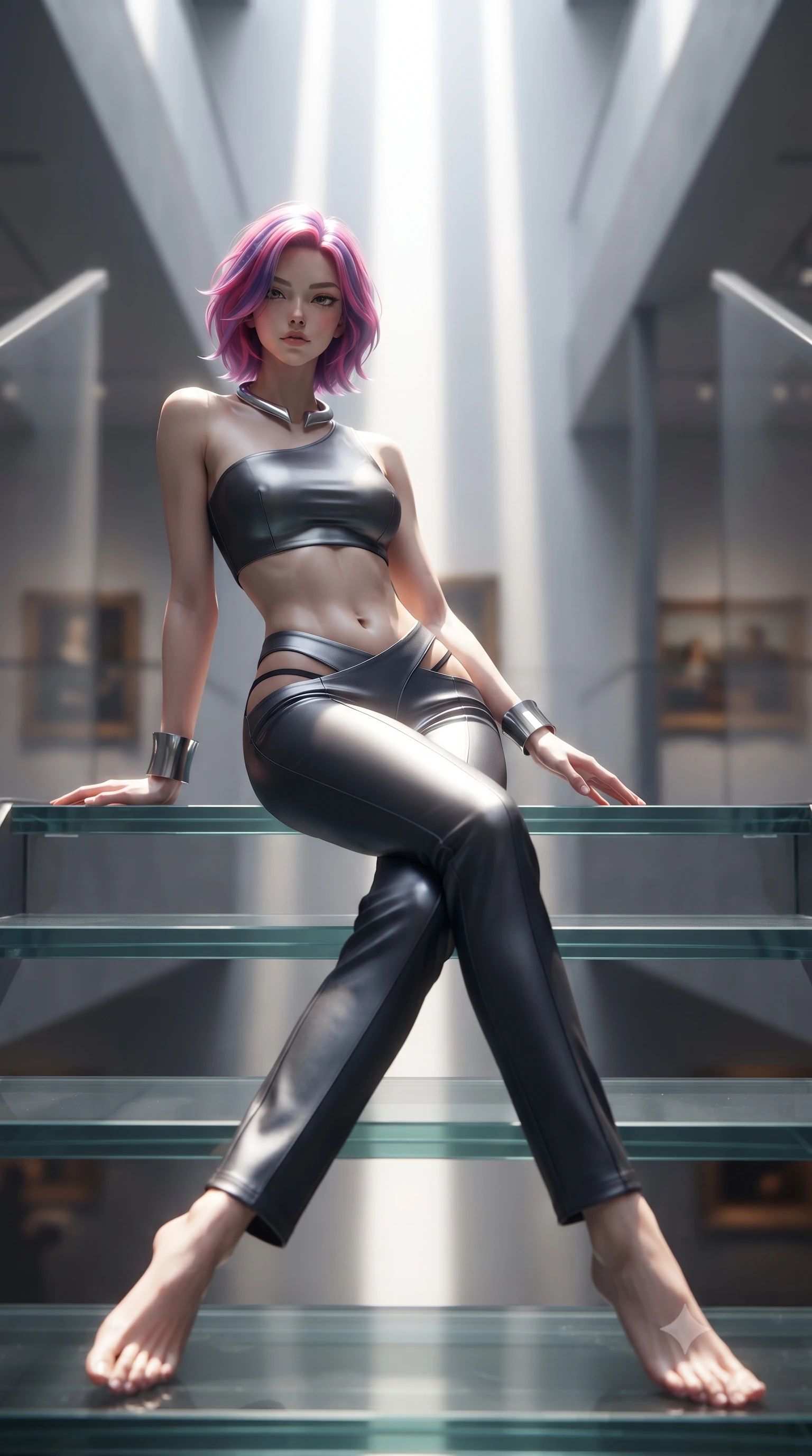 score_9, masterpiece, best quality, ultra-detailed, high-budget anime keyframe, editorial fashion photography, tasteful artistic composition, Caucasian woman. low angle full-body shot from head to toe showing her feet, filling the entire 9:16 vertical frame with her statuesque presence, stretching her vertical silhouette. lounging on the lavish daybed with legs crossed and hips angled toward the camera, displaying her toned midriff and long slender limbs with effortless siren poise while sitting on a glass stair step with legs extended gracefully downward, displaying her impossibly long slender limbs with effortless poise. The background shows a soft-focus distant gallery paintings softened in high-tech architectural shallow focus. She has an absolutely perfect, statuesque 8.5-heads proportion, an exceptionally tall and slender model-like female figure with impossibly long slender legs, an ultra-slim waist, a flat toned midriff, narrow delicate ribcage, and beautifully sculpted feminine hips creating a graceful, slim hourglass silhouette without any bulky heaviness. sharp v-shaped jawline, high-bridge nose, sparkling eyes with hypnotic seductive depth, thick curled eyelashes, glossy parted lips with a natural dewy peach sheen, alluring bedroom-eyes with an enchanting coquettish smile, exuding magnetic siren charisma and sophisticated glamour, flawlessly proportioned anatomical accuracy, strict slender model proportions, natural body alignment, perfectly sculpted long slender limbs, ultra-slim waistline, clean dynamic posture without body distortion. wearing a form-contouring one-shoulder minimalist bandeau top paired with low-rise tailored trousers with sheer hip cutouts in molten liquid silver and midnight charcoal with platinum highlights, tailored from fine structural neoprene with crisp architectural edges and smooth contouring, finished with a sculptural silver torque collar and a matching wide architectural wrist cuff, the high-slit wrap tailoring accentuating her ultra-slim waistline and the enchanting curve of her feminine hips with alluring seductive charm. bathed in vertical shafts of pure white sunlight pouring down through four-story architectural light wells. ultra-reflective glossy finish, specular highlights, rich textural contrasts, high-contrast stereoscopic depth, volumetric dynamic lighting, 2k, ultra detail, master piece, 9:16 ratio