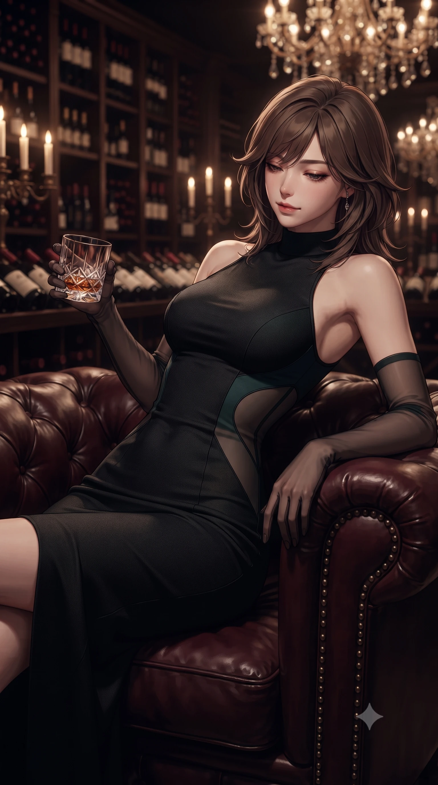 score_9, masterpiece, best quality, ultra-detailed, high-budget anime keyframe, editorial fashion photography, tasteful artistic composition, Korean woman. close-up cowboy shot from the waist and thighs up, the character dominates the composition, filling the frame with her large presence. glancing down over lowered lashes before meeting the camera with quiet, devastating intensity, her tailored outfit tracing her ultra-slim waist and hips while reclining back into the tufted dark oxblood Chesterfield armchair, arching her spine with effortless dominance while holding a crystal whiskey tumbler. The composition keeps background elements in soft focus with dreamy creamy bokeh. thousands of vintage wine bottles resting in dark oak bins and crystal chandeliers blurred into deep burgundy, bronze, and antique gold bokeh. She has an exceptionally elegant, slender, and willowy female figure with an ultra-slim waist, flat toned midriff, narrow ribcage, and sculpted feminine hips creating an alluring, slim hourglass silhouette without bulk. sharp v-shaped jawline, high-bridge nose, intricate jewel-like dark sparkling eyes with dangerous depth, thick curled eyelashes, glossy parted lips with a rich wine sheen, smoldering seductive half-smile with bedroom-eyes, exuding effortless superiority and intoxicating dark allure, flawlessly proportioned anatomical accuracy, strict slender model proportions, natural body alignment, perfectly sculpted long slender limbs, ultra-slim waistline, clean dynamic posture without body distortion. wearing a high-neck sleeveless bodycon dress in textured matte obsidian with side-torso semi-sheer mesh inserts in deep forest teal and dark gunmetal, tailored from fine lightweight midnight wool crepe with crisp architectural structure, complemented by sheer dark opera gloves reaching past her elbows, the precision-cut side openings and low-back scoop framing her graceful spine and the sensual sweep of her slim, toned hips. bathed in low-key warm candle sconce illumination and deep chiaroscuro shadow contrasts. ultra-reflective glossy finish, specular highlights, rich textural contrasts, high-contrast stereoscopic depth, volumetric dynamic lighting, 2k, ultra detail, master piece, 9:16 ratio