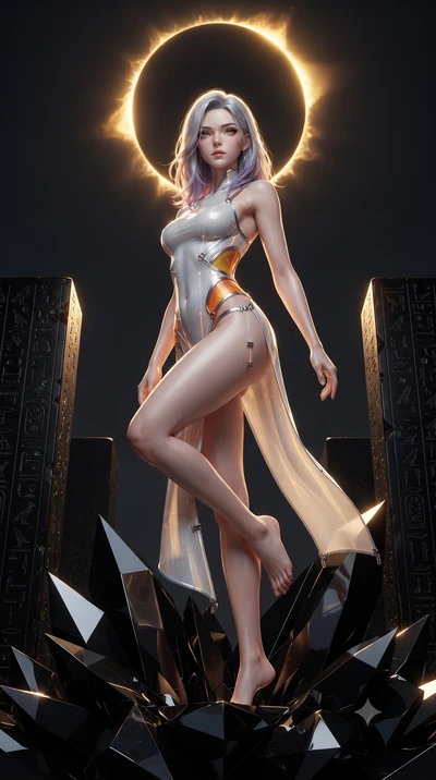 score_9, masterpiece, best quality, ultra-detailed, high-budget anime keyframe, editorial fashion photography, tasteful artistic composition, Caucasian woman. low angle full-body shot from head to toe showing her feet, filling the entire 9:16 vertica