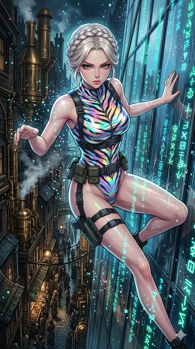 score_9, masterpiece, best quality, ultra-detailed, Set A: High-budget Anime Keyframe, Japanese woman. Upper body close-up from the thighs up, character filling the screen for maximum presence. Theme: Primal Nature. sliding down a glass skyscraper in