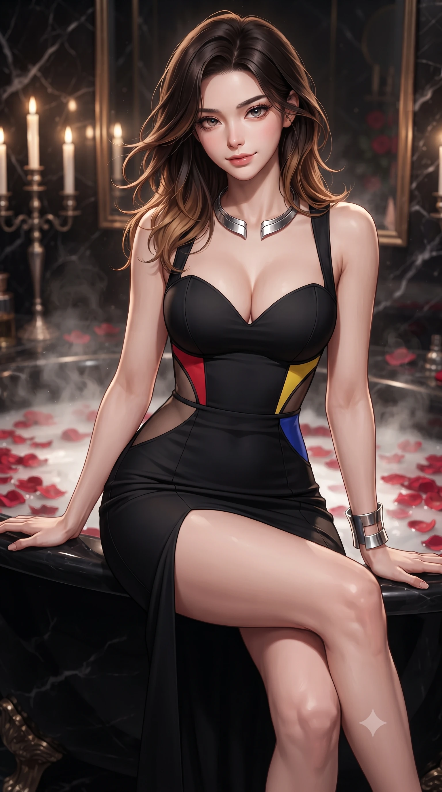 score_9, masterpiece, best quality, ultra-detailed, high-budget anime keyframe, editorial fashion photography, tasteful artistic composition, Korean woman. close-up cowboy shot from the waist and thighs up, the character dominates the composition, filling the frame with her large presence. turning slowly with an enchanting smoldering smile, her glossy hair tossing in the breeze as her hips angle gracefully in a captivating contrapposto while sitting poised on the rolled rim of the black onyx bathtub with legs crossed, arching her spine with breathtaking wet-look boudoir grace. The background shows a soft-focus steaming bathwater blanketed with crimson rose petals, tall candelabras, and dark marble mirrors blurred into rose, honey, and obsidian bokeh. She has an exceptionally elegant, slender, and willowy female figure with an ultra-slim waist, flat toned midriff, narrow ribcage, and sculpted feminine hips creating an alluring, slim hourglass silhouette without bulk. sharp v-shaped jawline, high-bridge nose, sparkling eyes with hypnotic seductive depth, thick curled eyelashes, glossy parted lips with a natural dewy peach sheen, alluring bedroom-eyes with an enchanting coquettish smile, exuding magnetic siren charisma and sophisticated glamour, flawlessly proportioned anatomical accuracy, strict slender model proportions, natural body alignment, perfectly sculpted long slender limbs, ultra-slim waistline, clean dynamic posture without body distortion. wearing a deep sweetheart-neckline matte-black bodycon dress with sheer side-torso cutouts accentuating her hourglass curves in Mondrian primary red, canary yellow, and electric cobalt blue, crafted from smooth liquid-tight stretch jersey emphasizing every curve of her body, finished with a sculptural silver torque collar and a matching wide architectural wrist cuff, the high-slit wrap tailoring accentuating her ultra-slim waistline and the enchanting curve of her feminine hips with alluring seductive charm. illuminated by bathwater reflection bounce and sharp warm-gold rim lights defining her delicate clavicles, ultra-slim waist, and curvy hips. ultra-reflective glossy finish, specular highlights, rich textural contrasts, high-contrast stereoscopic depth, volumetric dynamic lighting, 2k, ultra detail, master piece, 9:16 ratio