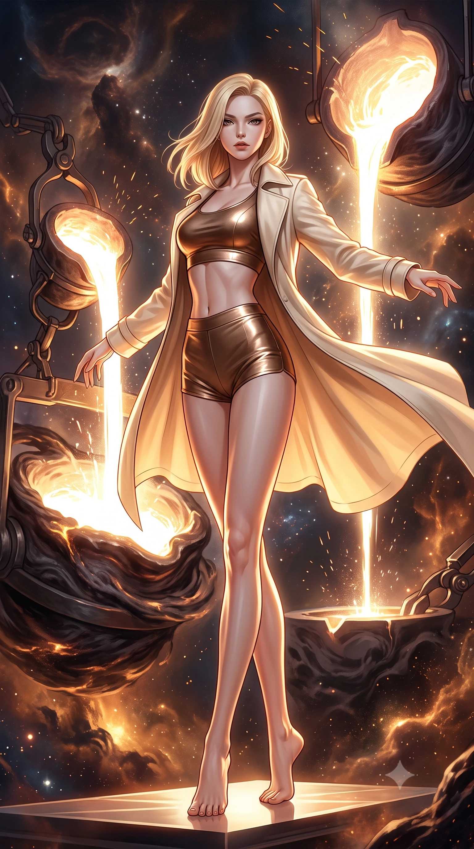 score_9, masterpiece, best quality, ultra-detailed, high-budget anime keyframe, editorial fashion photography, tasteful artistic composition, Korean woman. low angle full-body shot from head to toe showing her feet, filling the entire 9:16 vertical frame with her statuesque presence, stretching her vertical silhouette. twirling with balletic elegance inside a cosmic smithy where new stars are forged in massive crucibles of dark matter molten stellar material glowing white-hot as it is poured into celestial molds by gravitational tongs sparks of nuclear fusion flying. She has a statuesque 8.5-heads proportion, an exceptionally tall, slender and willowy model-like build with impossibly long legs and a highly sculpted ultra-slim waist. sharp v-shaped jawline, high-bridge nose, intricate jewel-like eyes with depth, thick eyelashes, glossy lips with a natural sheen. wearing a metallic bronze crop top paired with high-waisted matching micro-shorts, under a flowing cream trench coat. intense white-hot forge light from the molten star material creating extreme high-contrast illumination with deep orange and gold secondary glow from cooling stellar slag. 2k, ultra detail, master piece, 9:16 ratio
