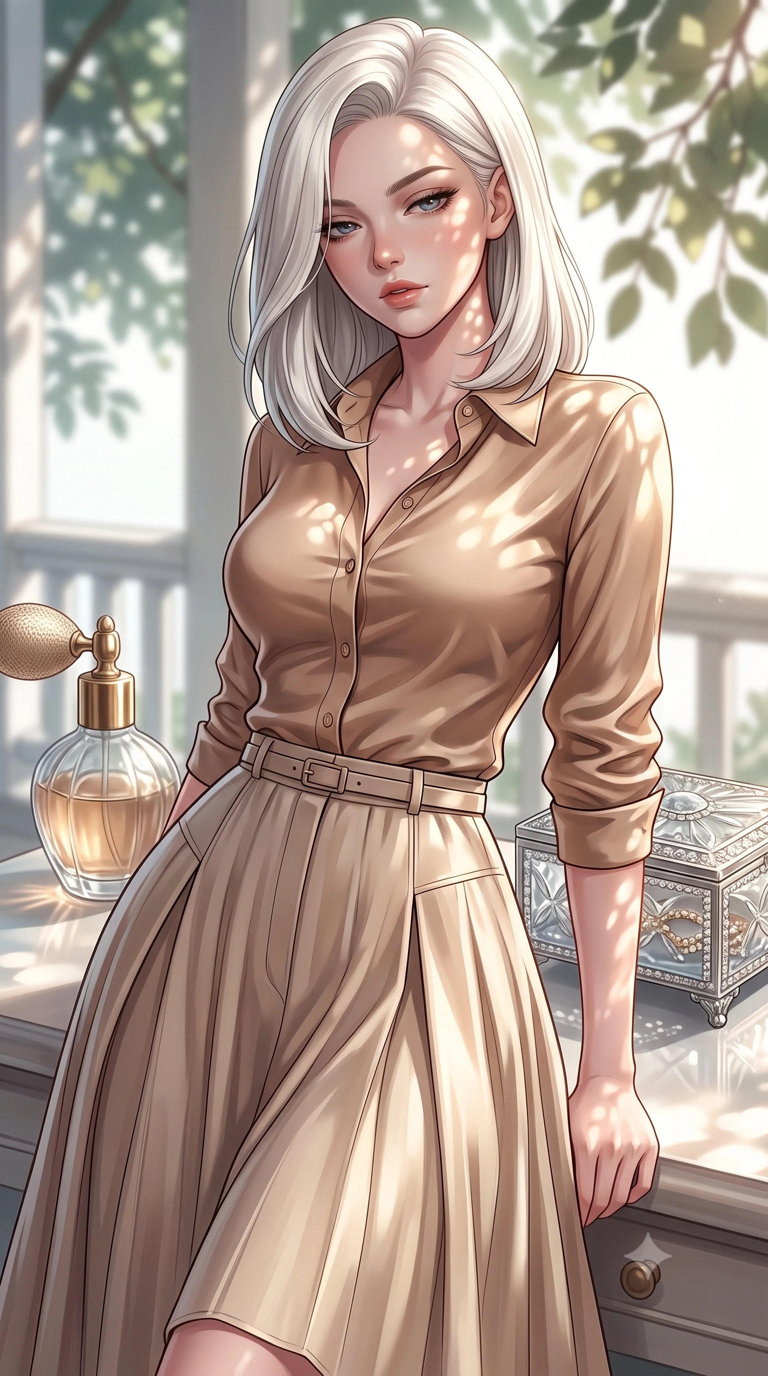 score_9, masterpiece, best quality, ultra-detailed, high-budget anime keyframe, editorial fashion photography, tasteful artistic composition, Caucasian woman. close-up cowboy shot from the waist and thighs up, the character dominates the composition, filling the frame with her large presence, background elements kept in soft focus. looking down at the viewer beneath lowered lashes with a quiet, smoldering confidence and parted lips set against a soft-focus background of inside an exclusive coastal veranda with a vintage perfume atomizer and crystal jewelry box reflecting soft light. She has an exceptionally elegant, slender, and willowy female figure with an ultra-slim waist, a gracefully sculpted slender torso, and a refined silhouette. sharp v-shaped jawline, high-bridge nose, intricate jewel-like eyes with depth, thick eyelashes, glossy lips with a natural sheen. wearing form-contouring warm beige liquid satin casual linen button-down shirt paired with a flowy pleated midi skirt featuring refined tailored seams. highlighted by dappled sunlight filtering through leafy branches, creating soft organic patterns. highly saturated vibrant anime colors, detailed shading with soft gradients, rich glossy textures, high-contrast stereoscopic depth, volumetric dynamic lighting, master piece, 9:16 ratio