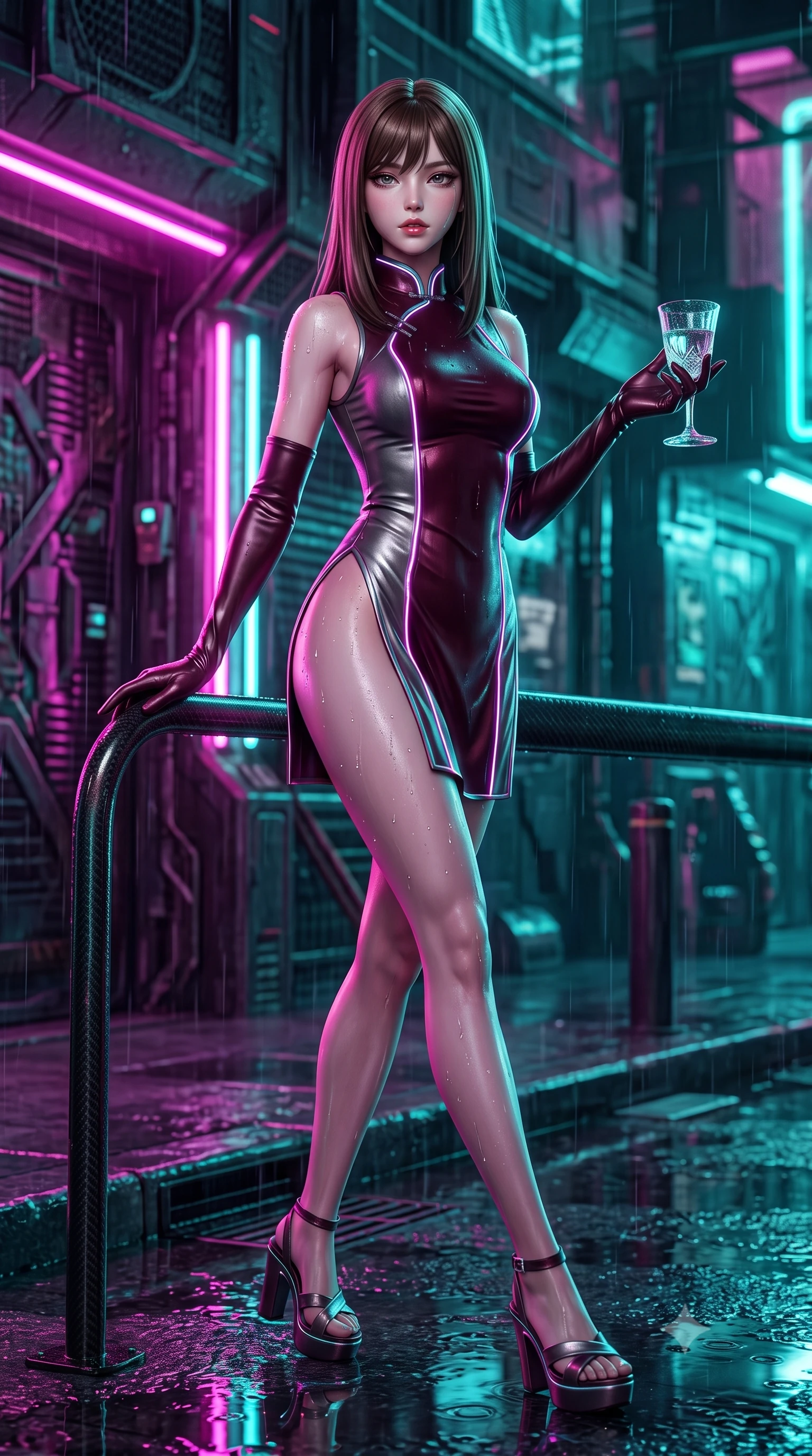 score_9, masterpiece, best quality, ultra-detailed, high-budget anime keyframe, semi-realistic 3D game render, editorial fashion photography, tasteful artistic composition, Korean woman. low angle full-body shot from head to toe showing her feet, filling the entire 9:16 vertical frame with her statuesque presence, stretching her vertical silhouette. striding forward in a proud supermodel runway stride, hips swaying in an alluring kinetic rhythm that accentuates her curvy hourglass silhouette while reclining casually against a rain-drenched carbon fiber bike stand propped on one elbow, her slender waist and curved hips sculpted by neon chiaroscuro. The surrounding environment is rendered in vivid detail and crisp panoramic clarity. detailed wet-look garment sheen, water droplet beads on skin, and cybernetic street texture in high clarity. She has an exceptionally tall and slender model-like 8.5-heads proportion, an ultra-slim waist, a flat toned midriff, narrow delicate ribcage, and beautifully sculpted feminine hips creating a graceful, slim hourglass silhouette without any bulky heaviness, with impossibly long slender legs. sharp v-shaped jawline, high-bridge nose, intricate jewel-like eyes with depth, thick eyelashes, glossy parted lips with a natural sheen, intensely captivating and seductive bedroom-eyes expression, flawlessly proportioned anatomical accuracy, strict slender model proportions, natural body alignment, perfectly sculpted long slender limbs, ultra-slim waistline, clean dynamic posture without body distortion. wearing a modernized cyber-qipao mini dress with an ultra-high side slit ascending to the hip and glowing piping in deep wine burgundy and brushed dark platinum, tailored from water-resistant treated wool gabardine and flexible stretch silk, accessorized with opera-length satin gloves and a vintage crystal glass, the glove-like aerodynamic silhouette tightly following the natural contour of her hips and long slender legs with statuesque 8.5-heads elegance. bathed in high-contrast electric magenta and turquoise neon edge lights contrasting with rain-soaked shadow tones. highly saturated vibrant anime colors, detailed shading with soft gradients, rich glossy textures, high-contrast stereoscopic depth, volumetric dynamic lighting, master piece, 9:16 ratio