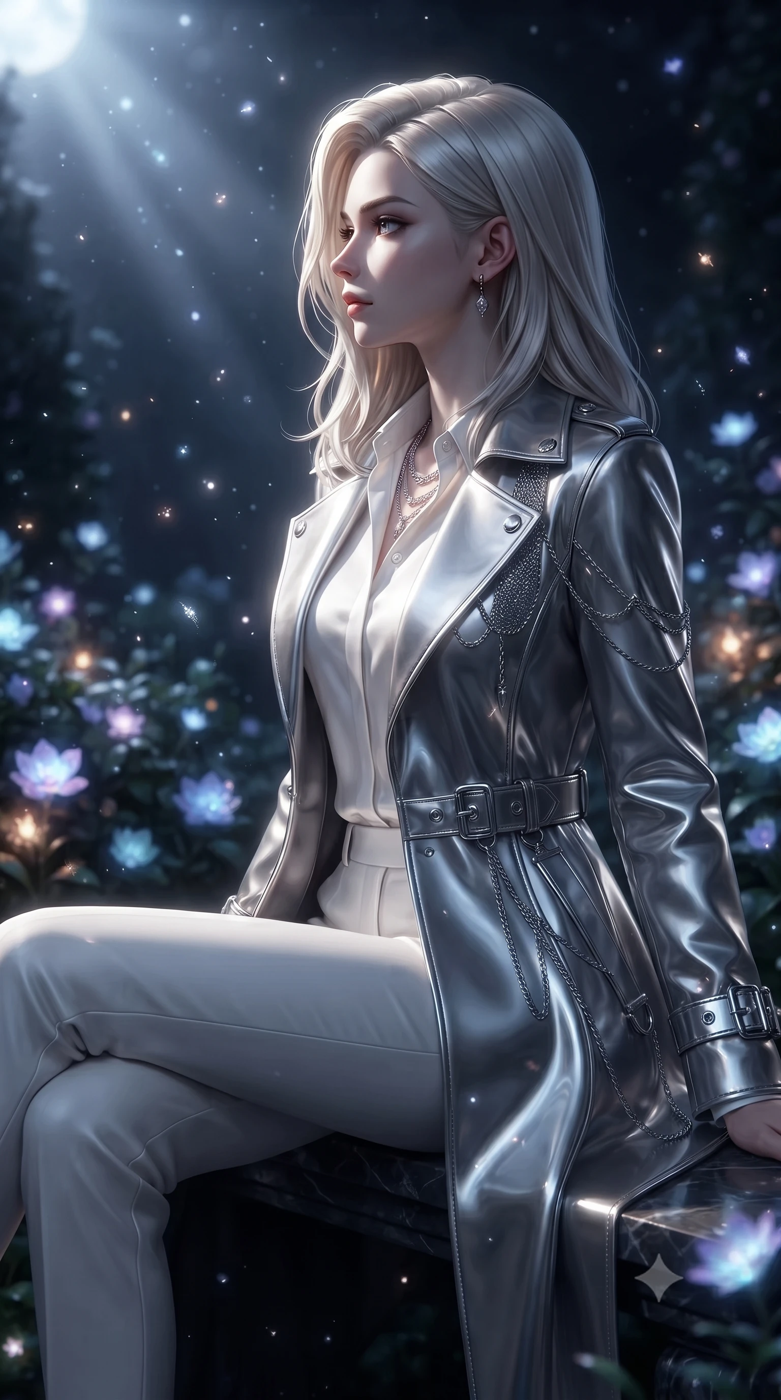 score_9, masterpiece, best quality, ultra-detailed, high-budget anime keyframe, editorial fashion photography, tasteful artistic composition, Caucasian woman. close-up cowboy shot from the waist and thighs up, the character dominates the composition, filling the frame with her large presence, background elements kept in soft focus. Turning her face in sharp dramatic profile against the radiant light, resting on a stone garden bench surrounded by floating bioluminescent pollen, cold silver moonbeams casting sharp dramatic shadows across dark marble. She has an exceptionally elegant, slender, and willowy female figure with an ultra-slim waist, a gracefully sculpted slender torso, and a refined silhouette. sharp v-shaped jawline, high-bridge nose, intricate jewel-like eyes with depth, thick eyelashes, glossy lips with a natural sheen. wearing structured platinum leather long coat over white silk blouse and tailored slacks in pearl white, made of sculpted platinum chrome, framed by polished silver buckles and delicate chain details, contouring every curve with an exceptionally elegant silhouette. surrounded by a mysterious nocturnal aura with glowing flower light. ultra-reflective glossy finish, specular highlights, metallic sheen, high-contrast stereoscopic depth, volumetric dynamic lighting, 2k, ultra detail, master piece, 9:16 ratio