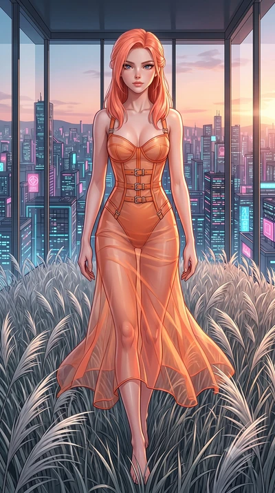 score_9, masterpiece, best quality, ultra-detailed, High-budget Anime Keyframe, East Asian woman. Low angle cowboy shot filling the entire 9:16 frame with her statuesque presence. Scenario 544: walking through a field of tall silver grass at a luxury