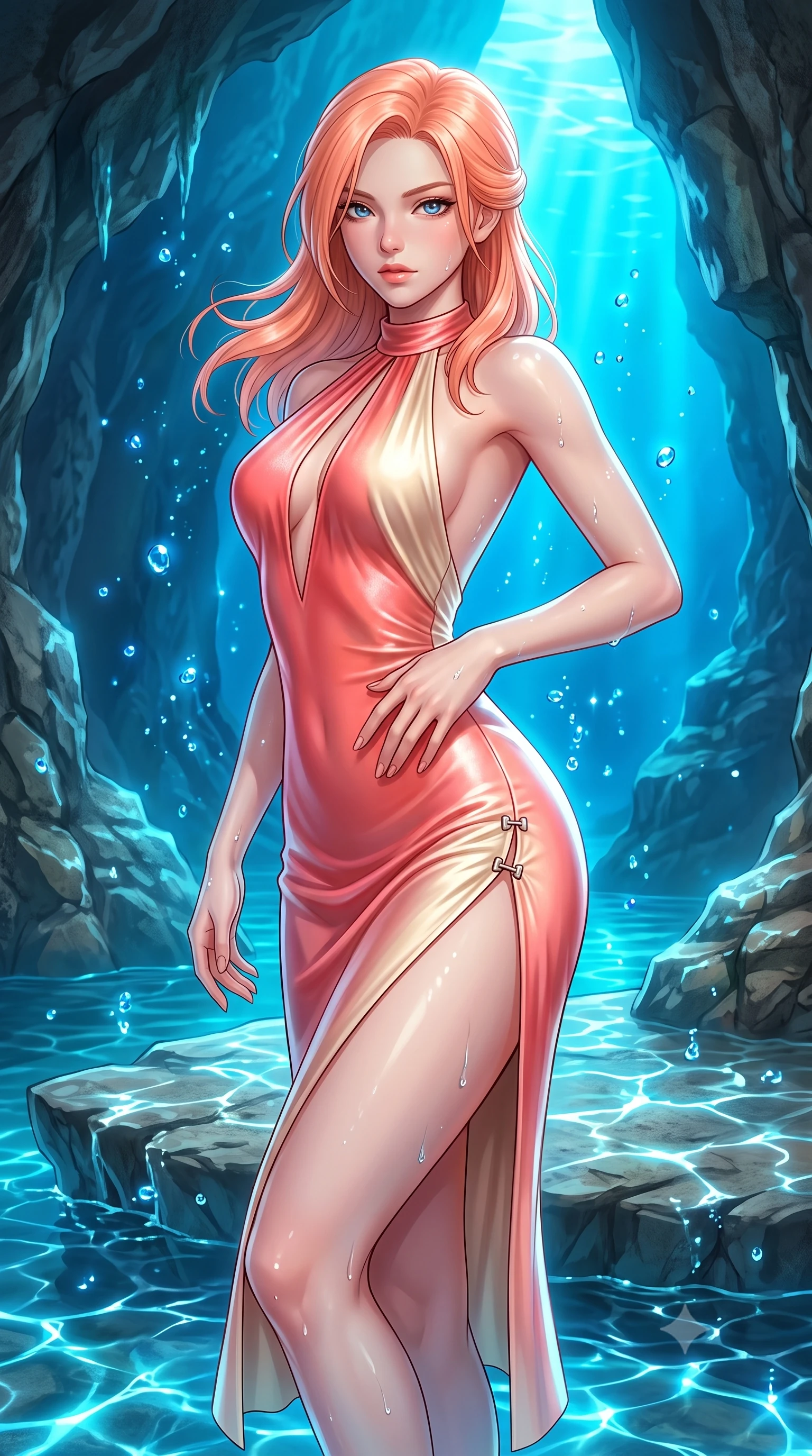 score_9, masterpiece, best quality, ultra-detailed, high-budget anime keyframe, semi-realistic 3D game render, editorial fashion photography, tasteful artistic composition, Japanese woman. close-up cowboy shot from the waist and thighs up, the character dominates the composition, filling the frame with her large presence. twisting her upper body in a dynamic S-curve with an alluring smolder, one hand trailing along her slender waist while pivoting dynamically on a submerged limestone shelf as water droplets sparkle like glowing sapphires in the cavern gloom. The surrounding environment is rendered in vivid detail and crisp panoramic clarity. intricate limestone rock textures, razor-sharp glowing water caustics, and fine water ripples in deep focus. She has an exceptionally elegant, slender, and willowy female figure with an ultra-slim waist, a gracefully sculpted slender torso, toned flat midriff, and a refined slim silhouette. sharp v-shaped jawline, high-bridge nose, intricate jewel-like eyes with depth, thick eyelashes, glossy lips with a natural sheen, flawlessly proportioned anatomical accuracy, strict slender model proportions, natural body alignment, perfectly sculpted long slender limbs, ultra-slim waistline, clean dynamic posture without body distortion. wearing a velvet halter-neck midi dress fitting her statuesque contour flawlessly with a Tasteful chest slit and open spine in radiant coral pink and champagne ivory, made of liquid metal jersey that clings flawlessly to every contour of her build, finished with an ultra-high side slit secured by miniature magnetic clasps, the liquid-tight tailored fabric emphasizing every curve of her tall, slender model proportions and sculptured silhouette during dynamic movement. bathed in brilliant natural neon-azure underwater backlighting and shimmering water caustics. highly saturated vibrant anime colors, detailed shading with soft gradients, rich glossy textures, high-contrast stereoscopic depth, volumetric dynamic lighting, master piece, 9:16 ratio