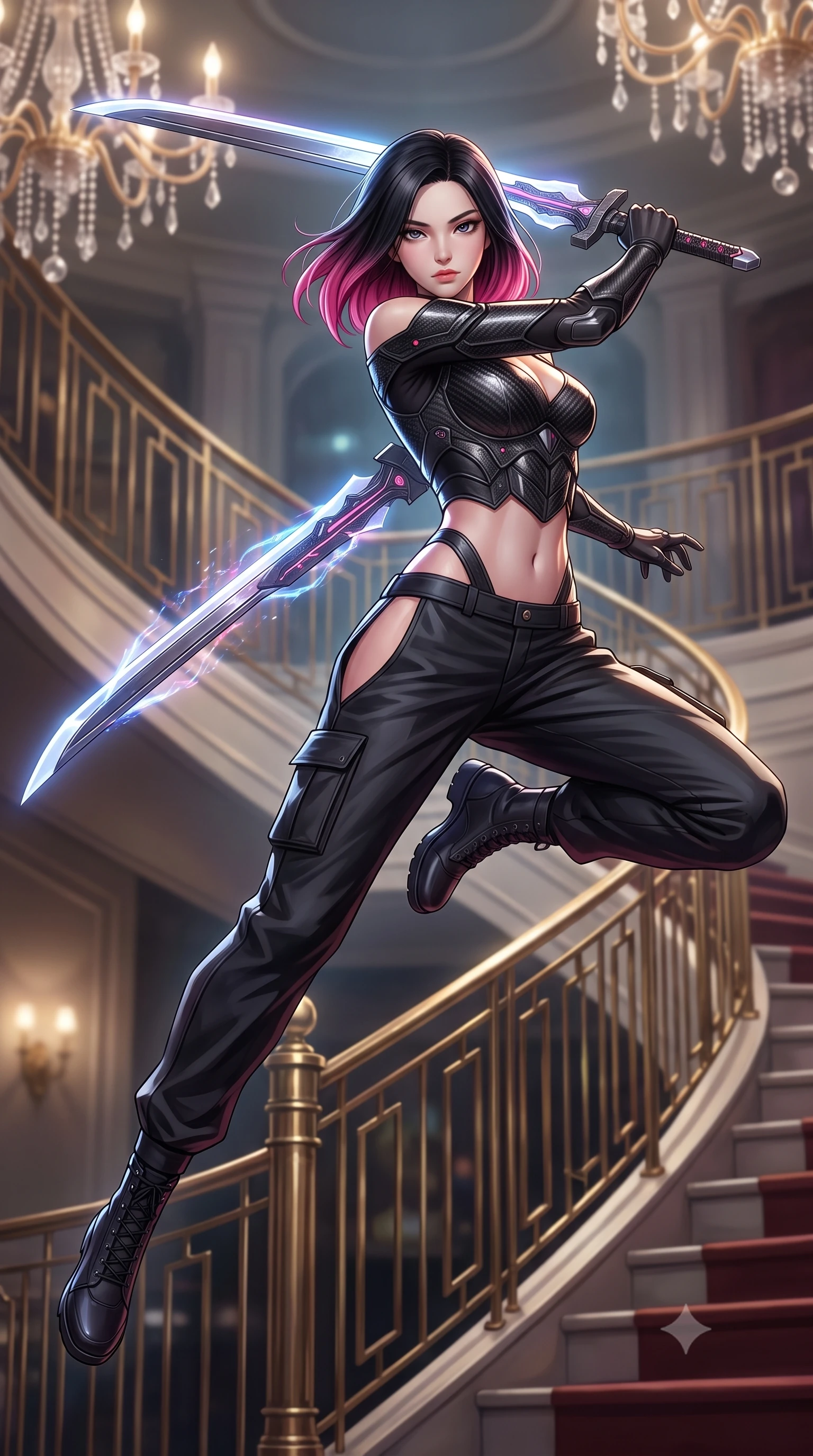 score_9, masterpiece, best quality, ultra-detailed, high-budget anime keyframe, editorial fashion photography, tasteful artistic composition, Korean woman. low angle full-body shot from head to toe showing her feet, filling the entire 9:16 vertical frame with her statuesque presence, stretching her vertical silhouette. leaping forward while slashing with a twin-bladed plasma sword in mid-air, her body-contouring suit showing her athletic silhouette, the background shows a soft-focus a grand staircase lobby with brass railings and crystal chandeliers in soft focus. She has an absolutely perfect, statuesque 8.5-heads proportion, an exceptionally tall and slender model-like female figure with impossibly long slender legs and an ultra-slim waist. sharp v-shaped jawline, high-bridge nose, intricate jewel-like eyes with depth, thick eyelashes, glossy lips with a natural sheen. wearing a slim-fit off-shoulder carbon-fiber armor top paired with high-slit tactical cargo pants, showing her delicately sculpted midriff. soft spotlighting highlighting the silk textures of her elegant outfit. highly saturated vibrant anime colors, detailed shading with soft gradients, rich glossy textures, high-contrast stereoscopic depth, volumetric dynamic lighting, master piece, 9:16 ratio
