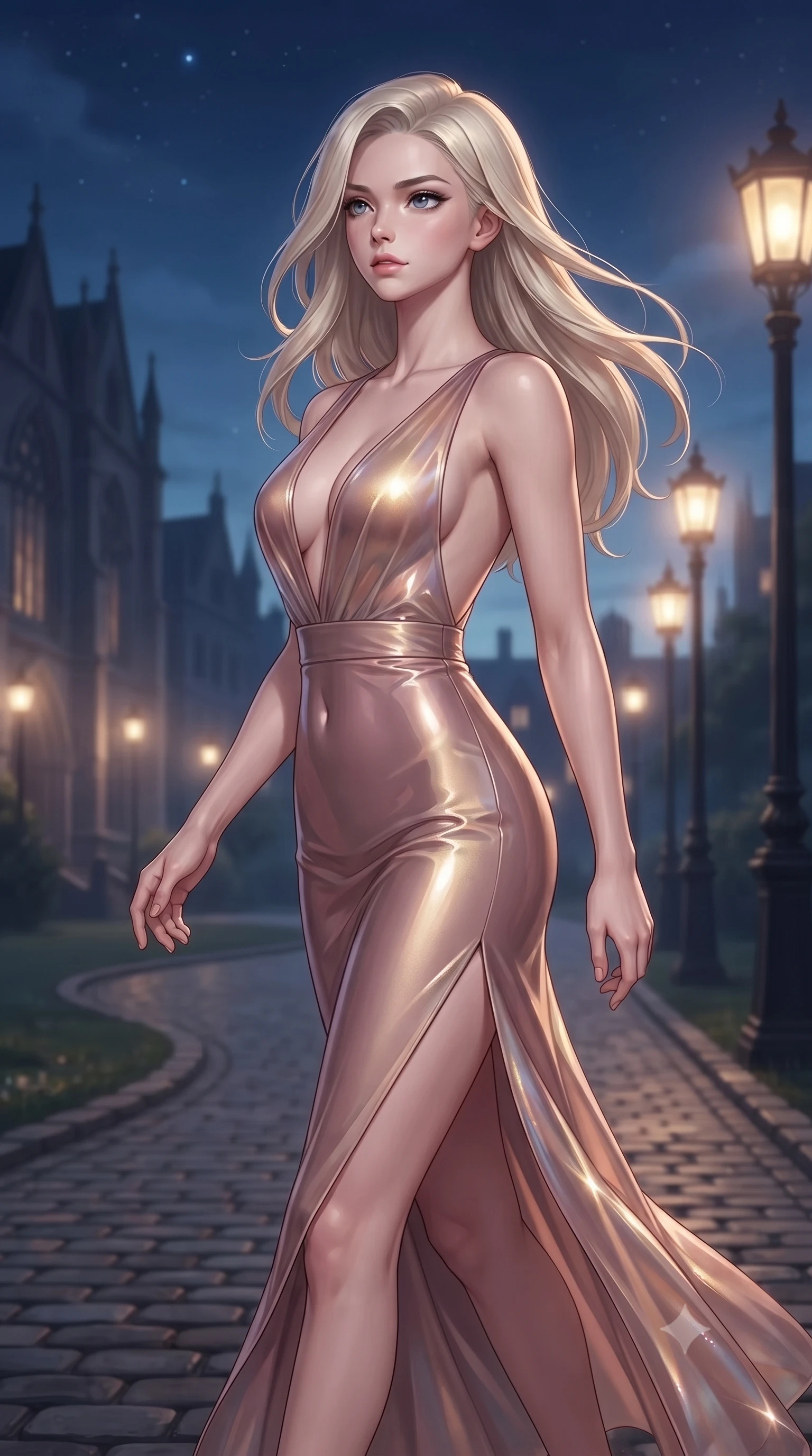 score_9, masterpiece, best quality, ultra-detailed, high-budget anime keyframe, editorial fashion photography, tasteful artistic composition, Caucasian woman. close-up cowboy shot from the waist and thighs up, the character dominates the composition, filling the frame with her large presence, background elements kept in soft focus. Gazing past the camera with an air of effortless elegance and mysterious confidence stepping along a cobblestone academy path flanked by glowing streetlamps, soft evening breeze swaying her long hair gracefully against the skyline. She has an exceptionally elegant, slender, and willowy female figure with an ultra-slim waist, a gracefully sculpted slender torso, and a refined silhouette. sharp v-shaped jawline, high-bridge nose, intricate jewel-like eyes with depth, thick eyelashes, glossy lips with a natural sheen. wearing a translucent iridescent chiffon gown with a plunging neckline and open back in dusty rose and champagne gold, tailored from high-gloss patent leather, finished with a sleek side slit ascending to mid-thigh, the sleek second-skin texture accentuating her magnetic presence. surrounded by a serene, nostalgic golden aura with soft backlighting. ultra-reflective glossy finish, specular highlights, metallic sheen, high-contrast stereoscopic depth, volumetric dynamic lighting, 2k, ultra detail, master piece, 9:16 ratio
