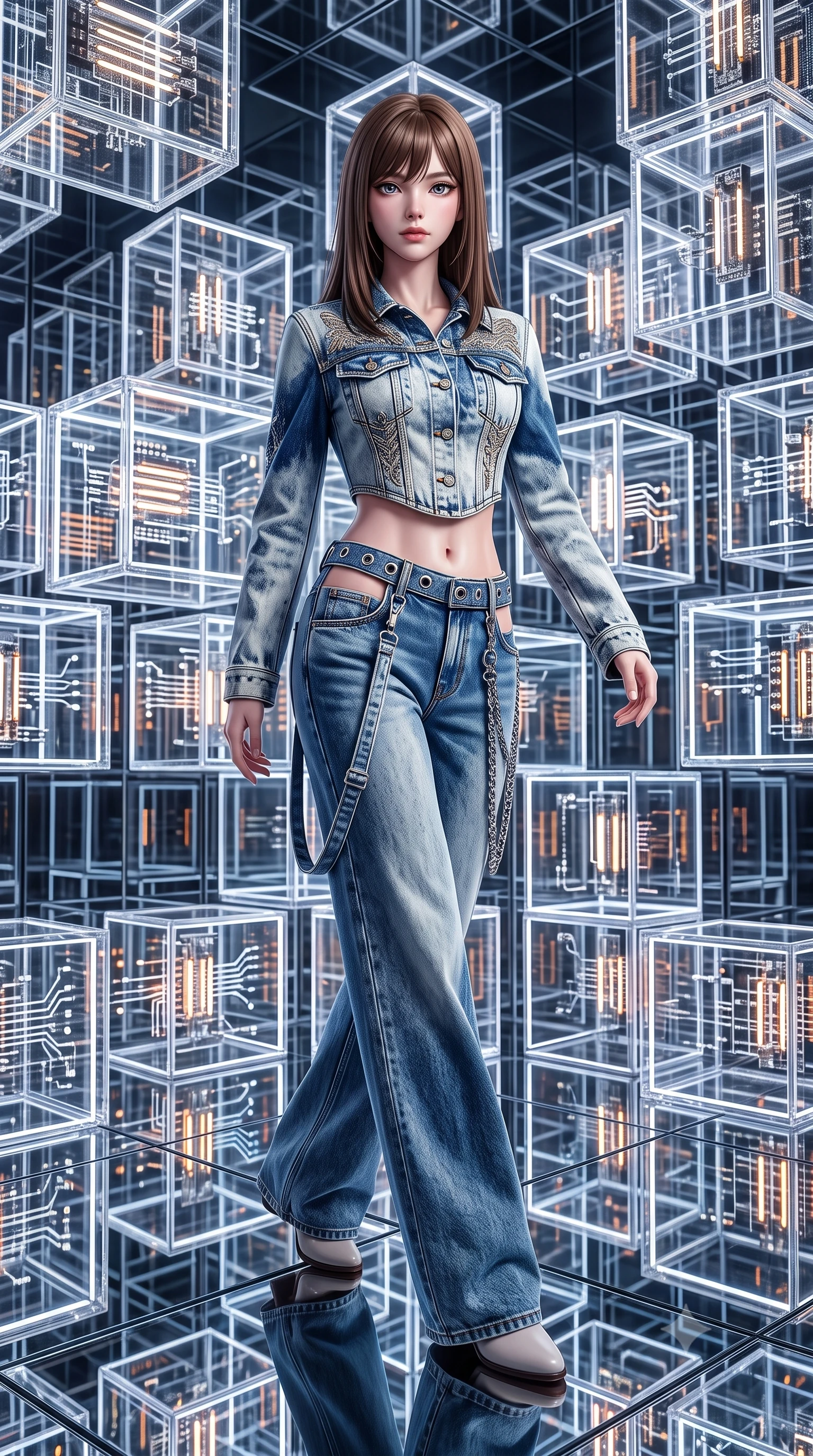 score_9, masterpiece, best quality, ultra-detailed, high-budget anime keyframe, semi-realistic 3D game render, editorial fashion photography, tasteful artistic composition, Korean woman. low angle full-body shot from head to toe showing her feet, filling the entire 9:16 vertical frame with her statuesque presence, stretching her vertical silhouette. stepping forward gracefully in mid-motion, displaying her toned flat midriff and flawlessly sculpted slender limbs while pivoting gracefully on a mirrored floor as infinite reflections of light and color surround her slender frame. The surrounding environment is rendered in vivid detail and crisp panoramic clarity. crisp acrylic cube edges, internal LED filament circuits, and mirror-floor seams in deep focus. She has an absolutely perfect, statuesque 8.5-heads proportion, an exceptionally tall and slender model-like female figure with impossibly long slender legs, a toned flat midriff, and an ultra-slim waist. sharp v-shaped jawline, high-bridge nose, intricate jewel-like eyes with depth, thick eyelashes, glossy lips with a natural sheen, captivating and magnetic expression, flawlessly proportioned anatomical accuracy, strict slender model proportions, natural body alignment, perfectly sculpted long slender limbs, ultra-slim waistline, clean dynamic posture without body distortion. wearing a deconstructed denim corseted crop jacket paired with high-waisted wide-leg utility jeans and a silver grommet belt in acid-wash light denim and dark chrome, tailored from distressed structured cotton denim with metallic thread, accented with hanging industrial clip straps and chrome chain links edition #32, the precision-cut daring openings accentuating her delicate midriff, graceful bare collarbones, and ultra-slim feminine waistline. surrounded by a cutting-edge, avant-garde, and mesmerizingly stylish future-fashion muse aura. highly saturated vibrant anime colors, detailed shading with soft gradients, rich glossy textures, high-contrast stereoscopic depth, volumetric dynamic lighting, master piece, 9:16 ratio