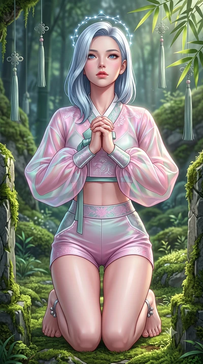 score_9, masterpiece, best quality, ultra-detailed, high-budget anime keyframe, semi-realistic 3D game render, editorial fashion photography, tasteful artistic composition, Korean woman. close-up cowboy shot from the waist and thighs up, the characte