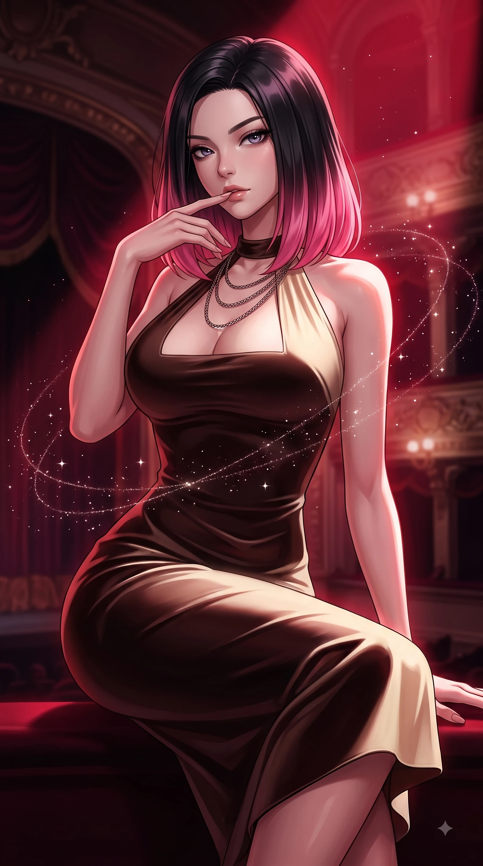 score_9, masterpiece, best quality, ultra-detailed, high-budget anime keyframe, editorial fashion photography, tasteful artistic composition, Korean woman. close-up cowboy shot from the waist and thighs up, the character dominates the composition, filling the frame with her large presence, background elements kept in soft focus. Resting two fingers near her glossy lips, casting a sharp mysterious side-gaze during her dynamic motion while poised in a dramatic low-angle stance as deep crimson theatrical spotlights isolate her figure, floating starlight dust drifting around her in dynamic orbital paths. She has an exceptionally elegant, slender, and willowy female figure with an ultra-slim waist, a gracefully sculpted slender torso, and a refined silhouette. sharp v-shaped jawline, high-bridge nose, intricate jewel-like eyes with depth, thick eyelashes, glossy lips with a natural sheen, flawlessly proportioned anatomical accuracy, natural body alignment, perfectly sculpted elegant limbs, clean dynamic posture without body distortion. wearing a velvet halter-neck midi dress following her form like a glove in espresso brown and warm cream, crafted from smooth liquid silk, adorned with delicate metallic chain straps along the neckline, the elegant draped fit framing her graceful clavicle and slender torso. surrounded by an opulent, dramatic opera box atmosphere with deep chiaroscuro. highly saturated vibrant anime colors, detailed shading with soft gradients, rich glossy textures, high-contrast stereoscopic depth, volumetric dynamic lighting, master piece, 9:16 ratio