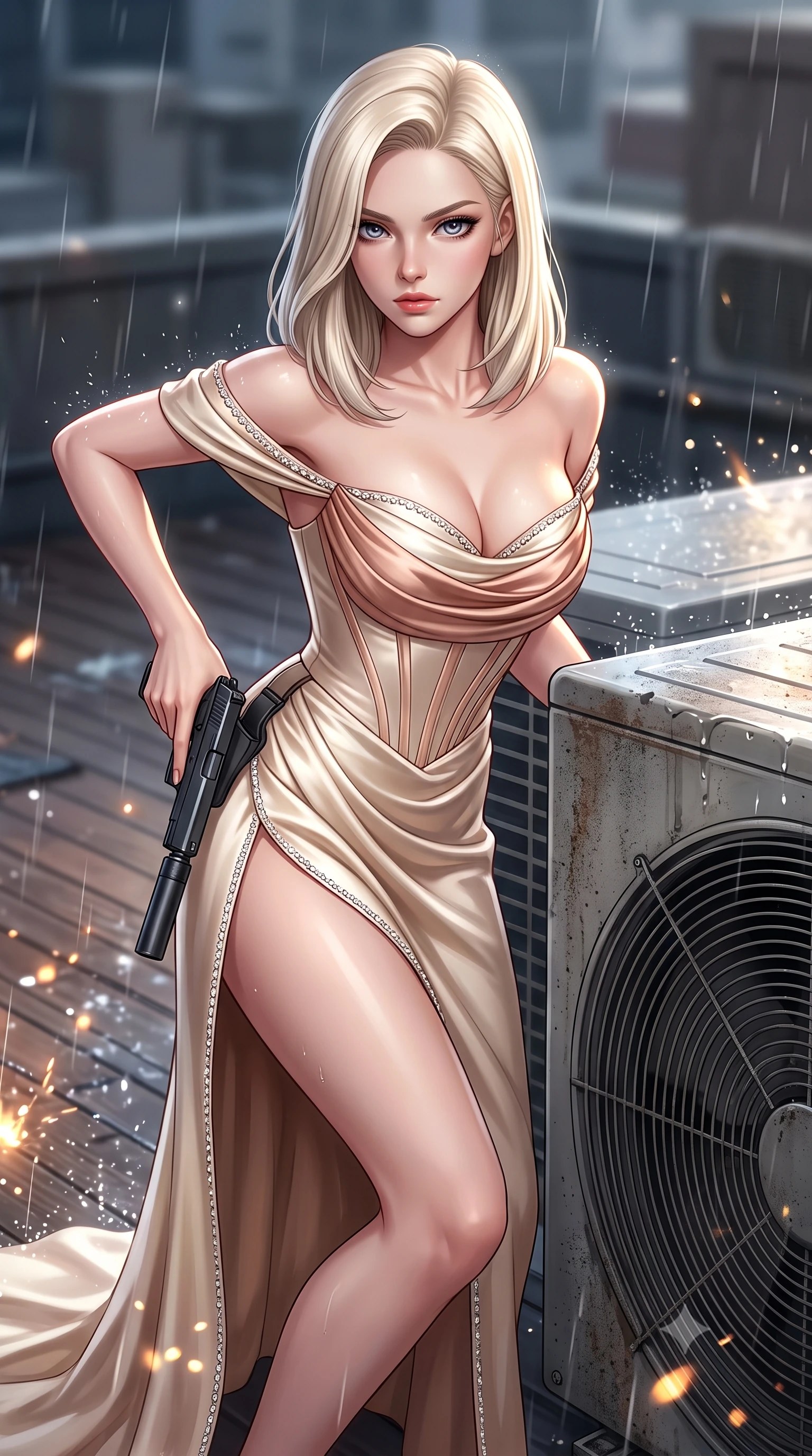 score_9, masterpiece, best quality, ultra-detailed, high-budget anime keyframe, semi-realistic 3D game render, editorial fashion photography, tasteful artistic composition, Caucasian woman. close-up cowboy shot from the waist and thighs up, the character dominates the composition, filling the frame with her large presence. leaning forward with playful, captivating grace, her sculpted collarbones and slender neckline highlighted by directional light while drawing her sleek silenced sidearm in a fluid tactical draw while crouching behind an air-conditioning turbine unit. The composition keeps background elements in soft focus with creamy bokeh. splattering raindrops and muzzle-flash reflections scattering luminous wet light motes across the deck. She has an exceptionally elegant, slender, and willowy female figure with an ultra-slim waist, a gracefully sculpted slender torso, toned flat midriff, and a refined slim silhouette. sharp v-shaped jawline, high-bridge nose, intricate jewel-like eyes with depth, thick eyelashes, glossy lips with a natural sheen, captivating and magnetic expression, flawlessly proportioned anatomical accuracy, strict slender model proportions, natural body alignment, perfectly sculpted long slender limbs, ultra-slim waistline, clean dynamic posture without body distortion. wearing a statuesque off-shoulder champagne satin gala dress featuring a thigh-high side slit and draped corset bodice in champagne ivory and rose gold, tailored from ultra-smooth duchess satin with a pearlescent sheen, finished with delicate crystal embroidery along the neckline and hem edition #22, the form-contouring material adhering flawlessly to her sculpted flat midriff and slender torso, emphasizing her long leg lines and perfectly proportioned willowy build. surrounded by an indomitable, dangerous, and breathtakingly cinematic lone infiltration specialist aura. highly saturated vibrant anime colors, detailed shading with soft gradients, rich glossy textures, high-contrast stereoscopic depth, volumetric dynamic lighting, master piece, 9:16 ratio