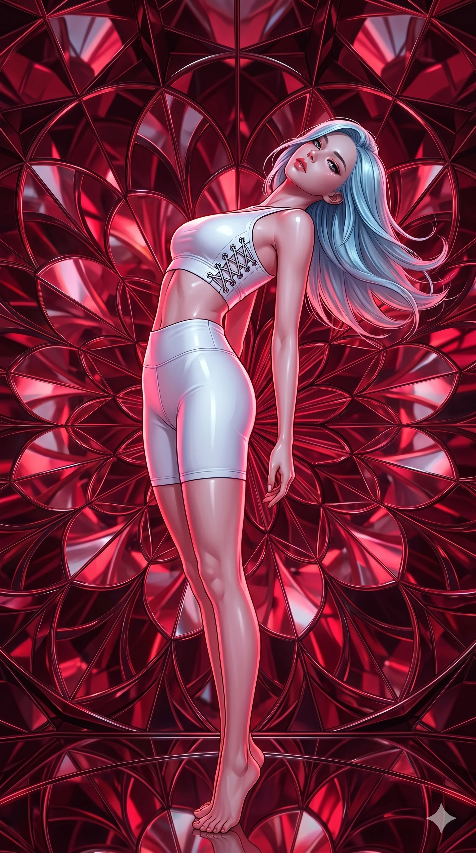 score_9, masterpiece, best quality, ultra-detailed, high-budget anime keyframe, editorial fashion photography, tasteful artistic composition, Korean woman. low angle full-body shot from head to toe showing her feet, filling the entire 9:16 vertical frame with her statuesque presence, stretching her vertical silhouette. Arching her back in a graceful controlled backward pose within a rotating kaleidoscope chamber where mirrored petals form endlessly shifting mandalas. She has an absolutely perfect 8-heads proportion, an exceptionally tall and slender female figure with impossibly long slender legs and an ultra-slim waist. V-shaped jawline, high-bridge nose, intricate jewel-like eyes with depth, thick eyelashes, glossy lips with a natural sheen. wearing a bold editorial lace-up athletic crop top in electric white with eyelets and chrome lacing up the front providing structured support, paired with matching high-waist athletic shorts to mid-thigh. drenched in deep crimson theatrical lighting with sharp specular highlights on every curve. 2k, ultra detail, master piece, 9:16 ratio